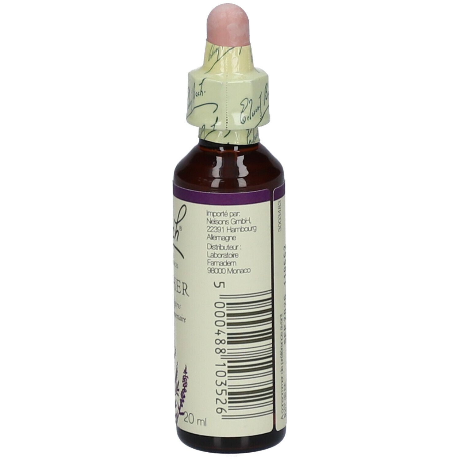 Flacon en verre brun avec compte-gouttes. Étiquette 'Bach Original Flower Essences Heather'.