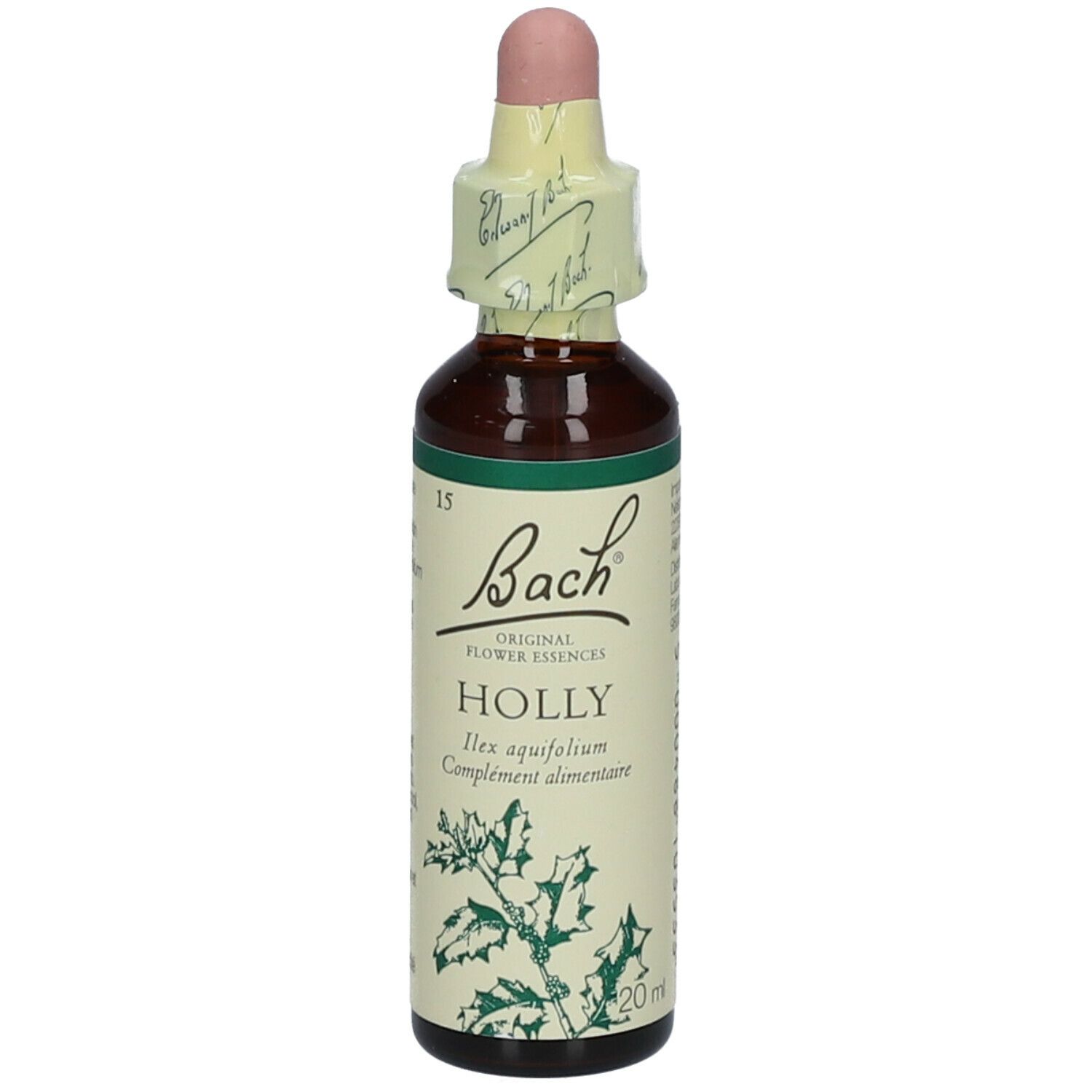 Braune Glasflasche mit Tropfer. Etikett mit Holly-Illustration und Bach-Logo. 20ml.