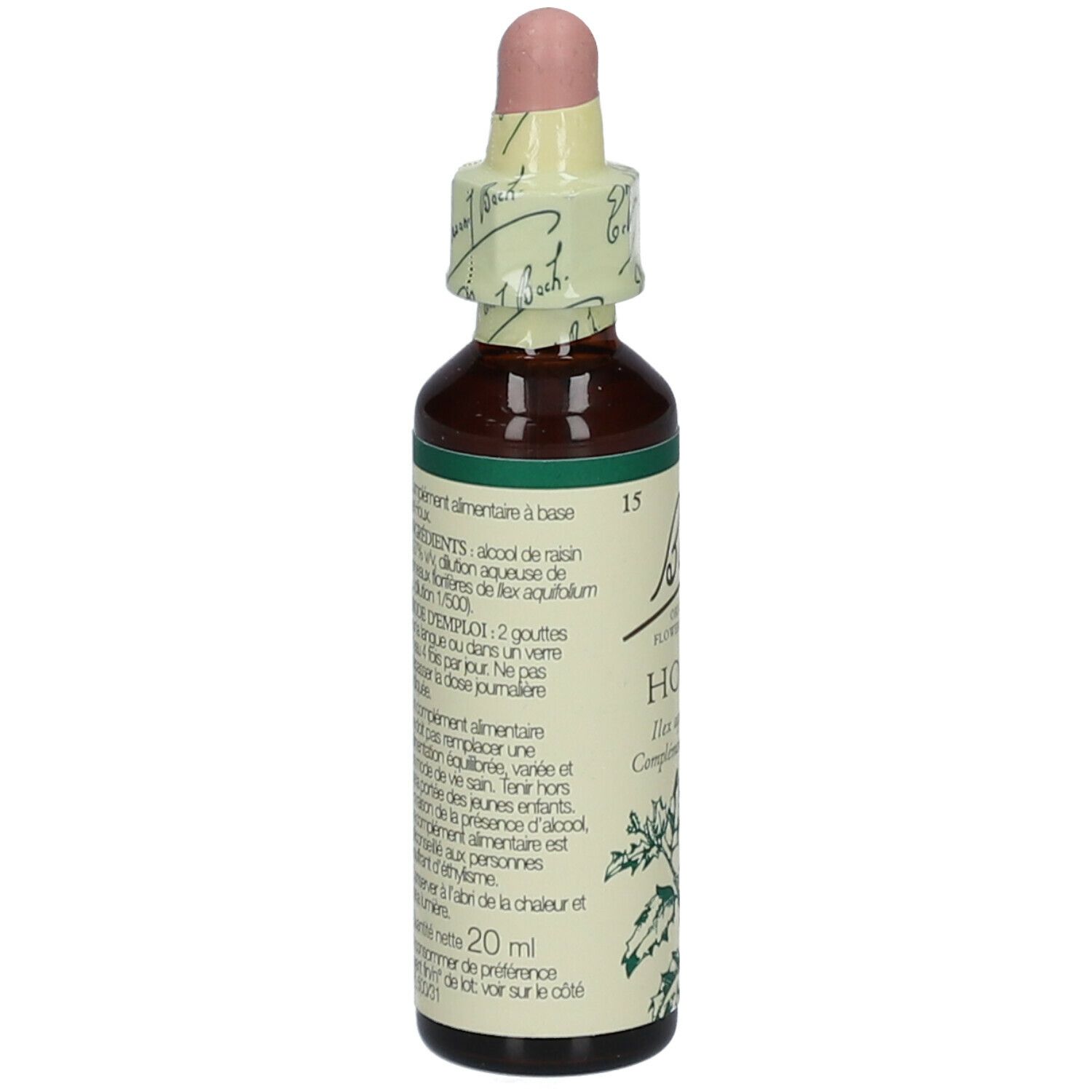 Rückseite der Flasche. Text: Inhaltsstoffe, Anwendung, Warnhinweise. 20ml. Bach-Logo.