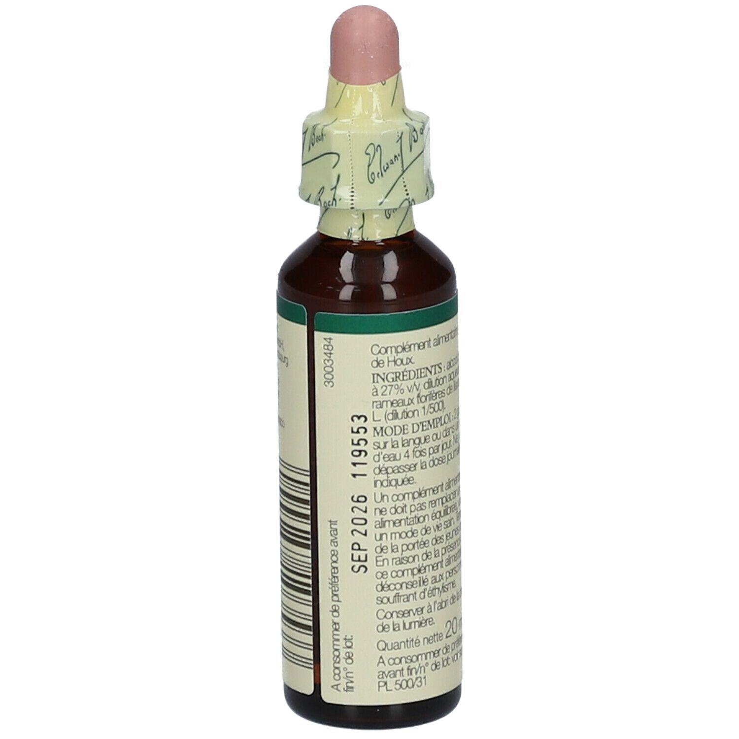 Rückseite der Flasche. Text: Haltbarkeit, Chargennummer, Herstellungsdatum. 20ml. Bach-Logo.