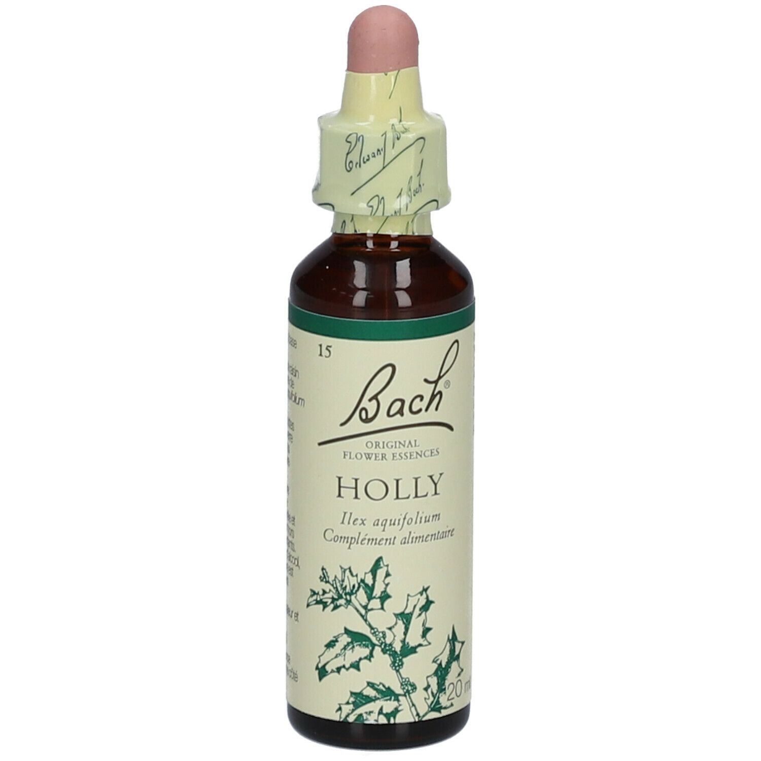 Braune Glasflasche mit Tropfer. Etikett mit Holly-Illustration und Bach-Logo. 20ml.
