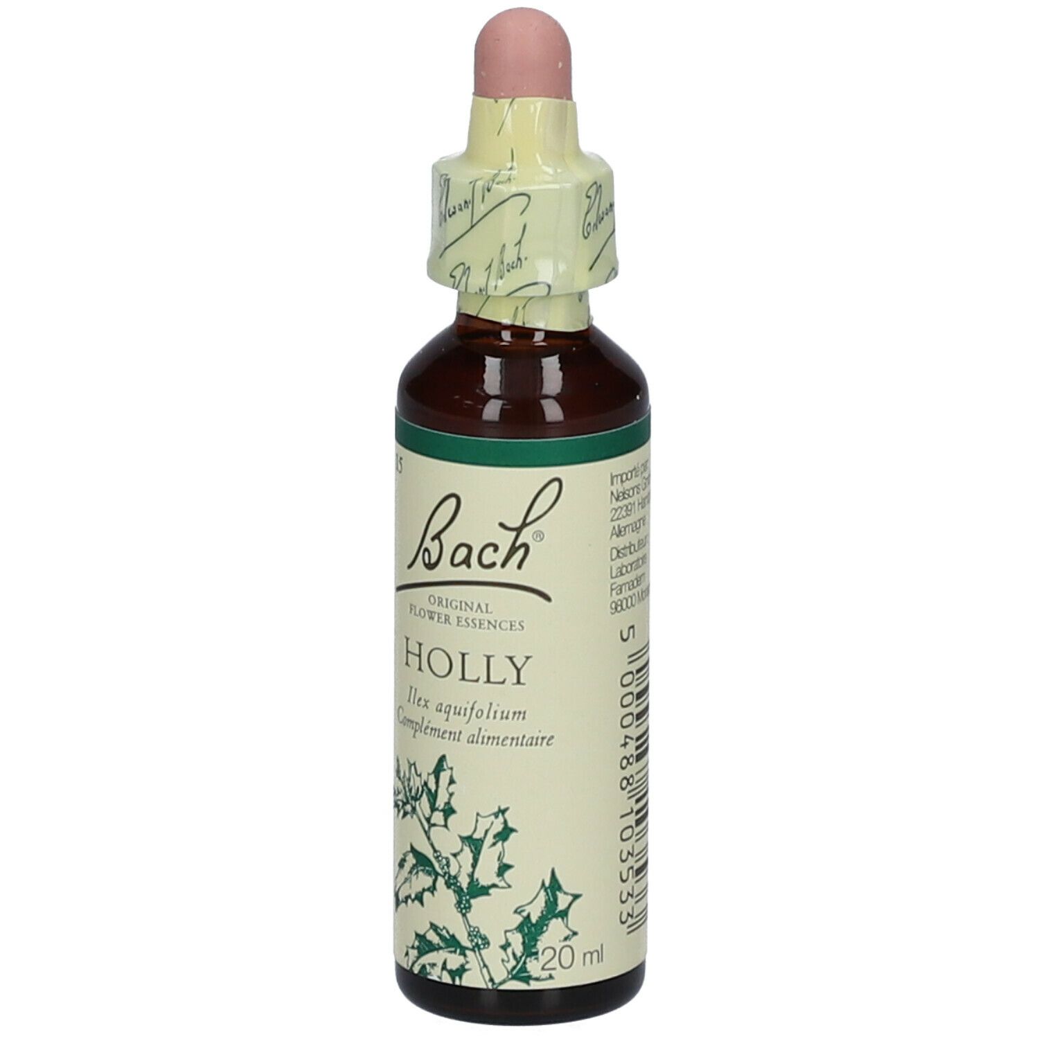 Braune Glasflasche mit Tropfer. Etikett mit Holly-Illustration und Bach-Logo. 20ml.