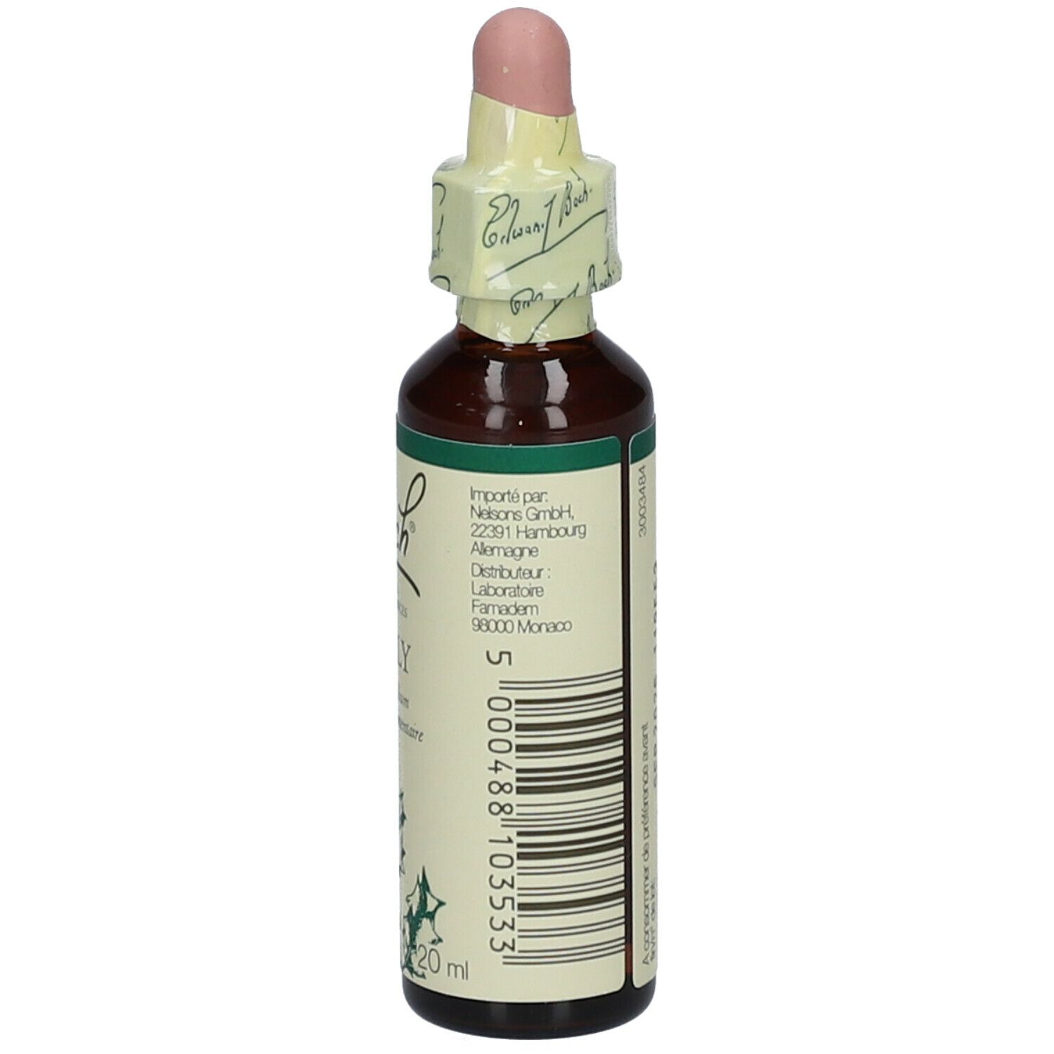 Rückseite der Flasche. Text: Importeur, Chargennummer, Barcode. 20ml. Bach-Logo.