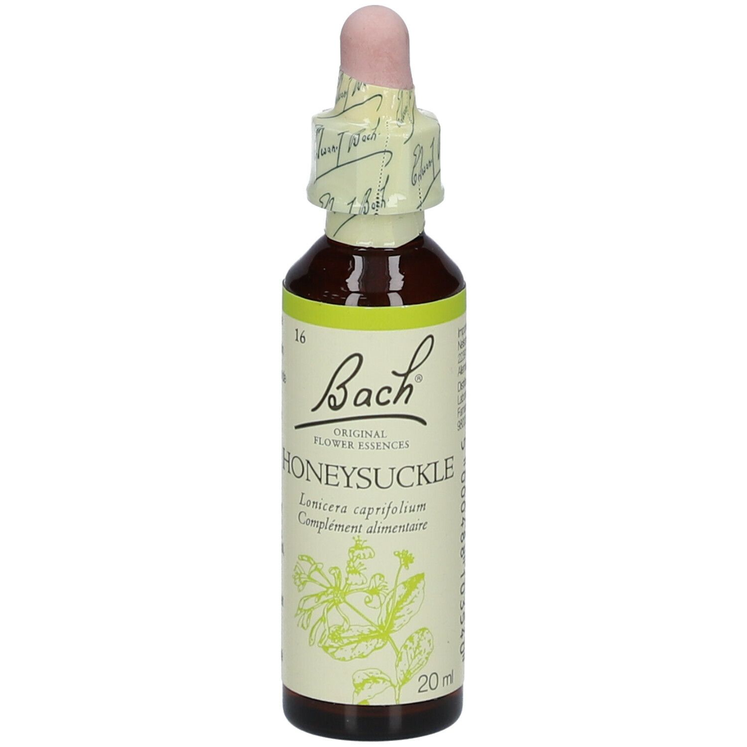 Braune Glasflasche mit Tropfer. Etikett mit Text und Logo. Produktname: Honeysuckle. 20 ml.