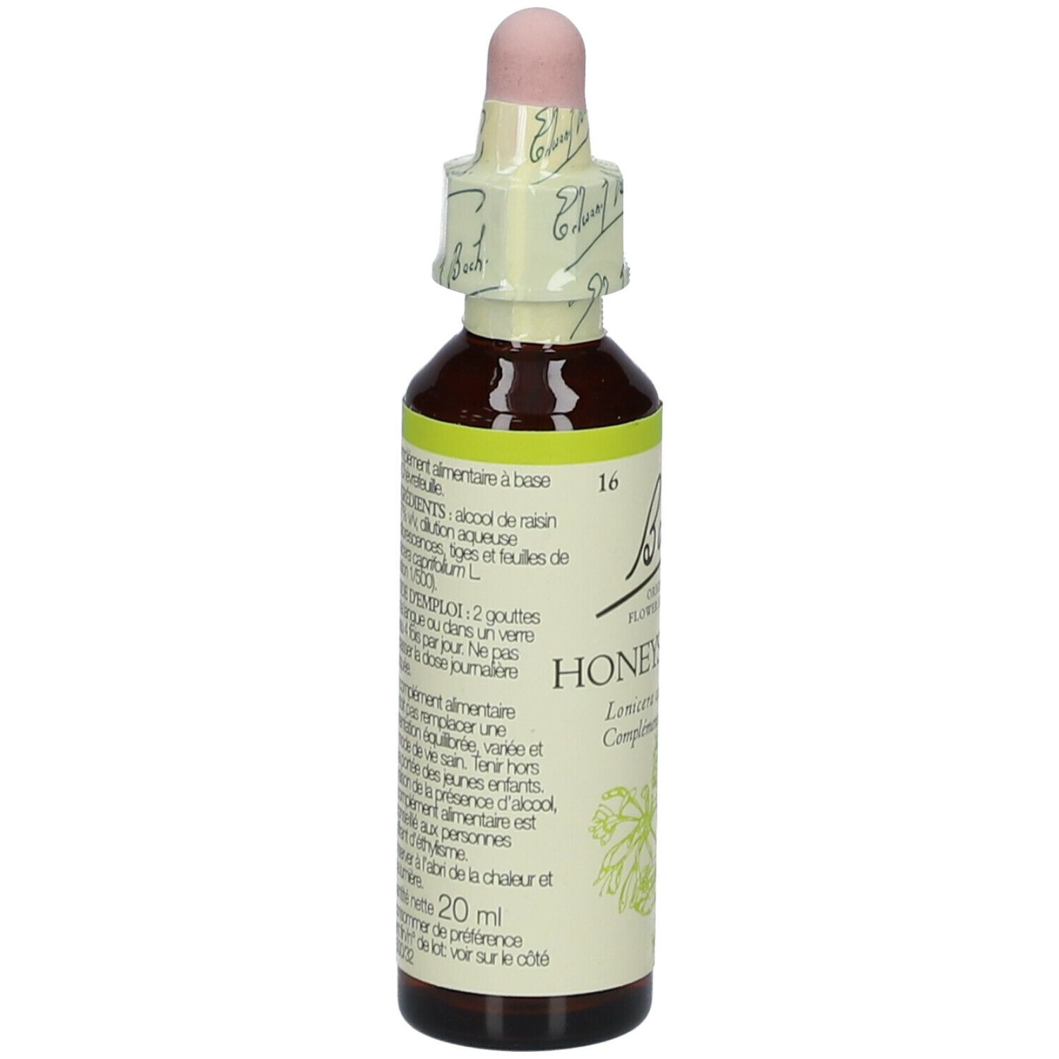 Braune Glasflasche mit Tropfer. Etikett mit Text und Logo. Produktname: Honeysuckle. 20 ml.