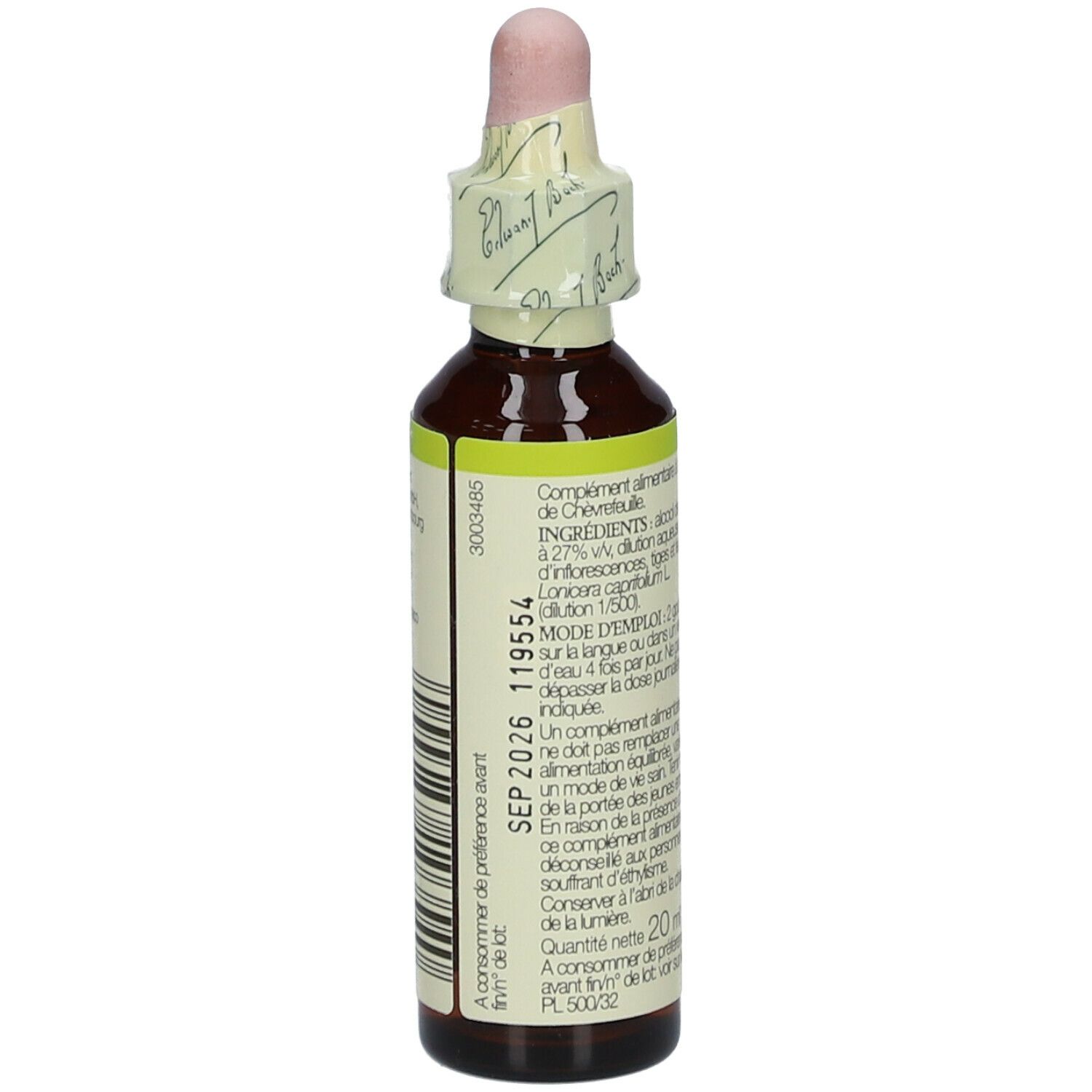 Braune Glasflasche mit Tropfer. Etikett mit Text und Logo. Produktname: Honeysuckle. 20 ml.