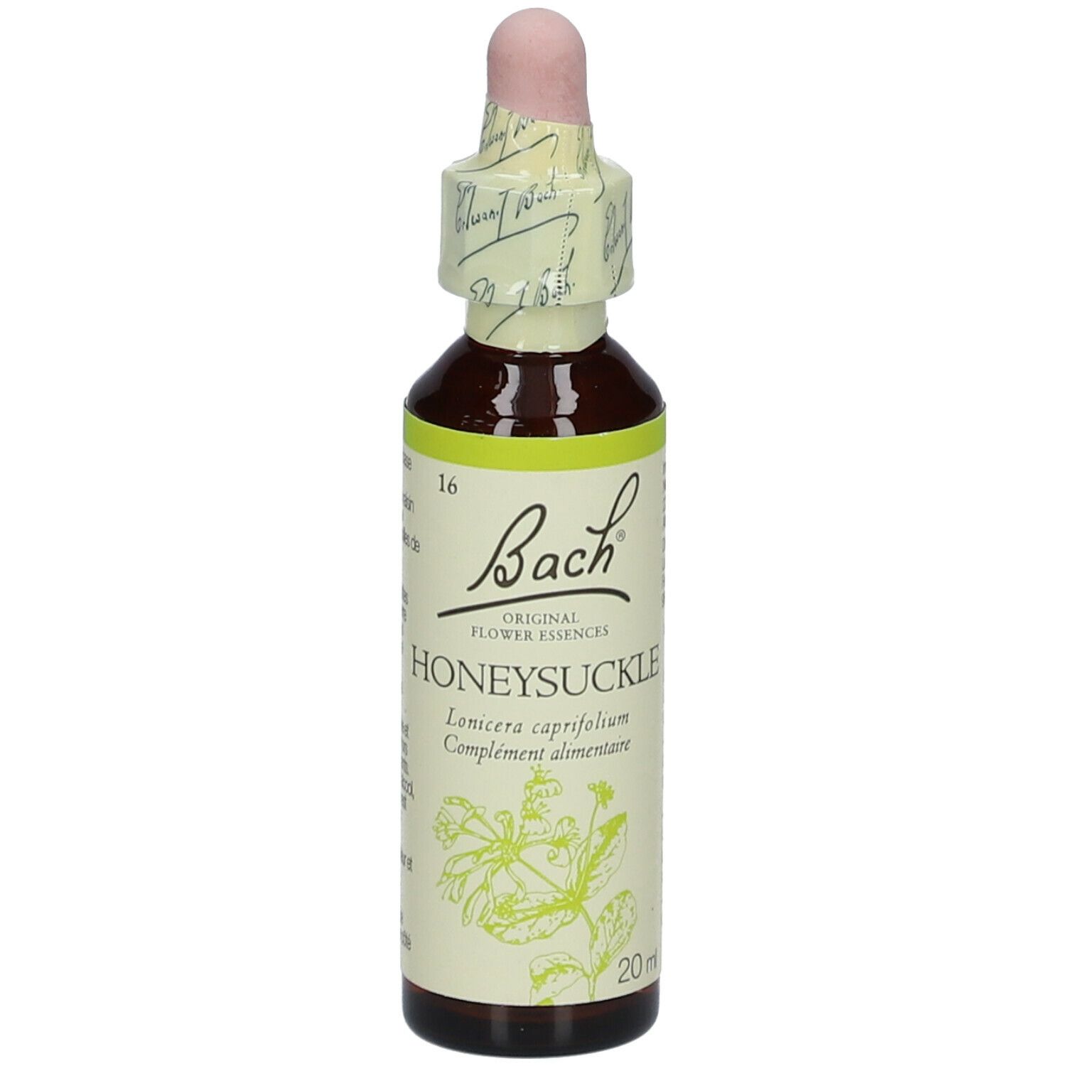 Braune Glasflasche mit Tropfer. Etikett mit Text und Logo. Produktname: Honeysuckle. 20 ml.