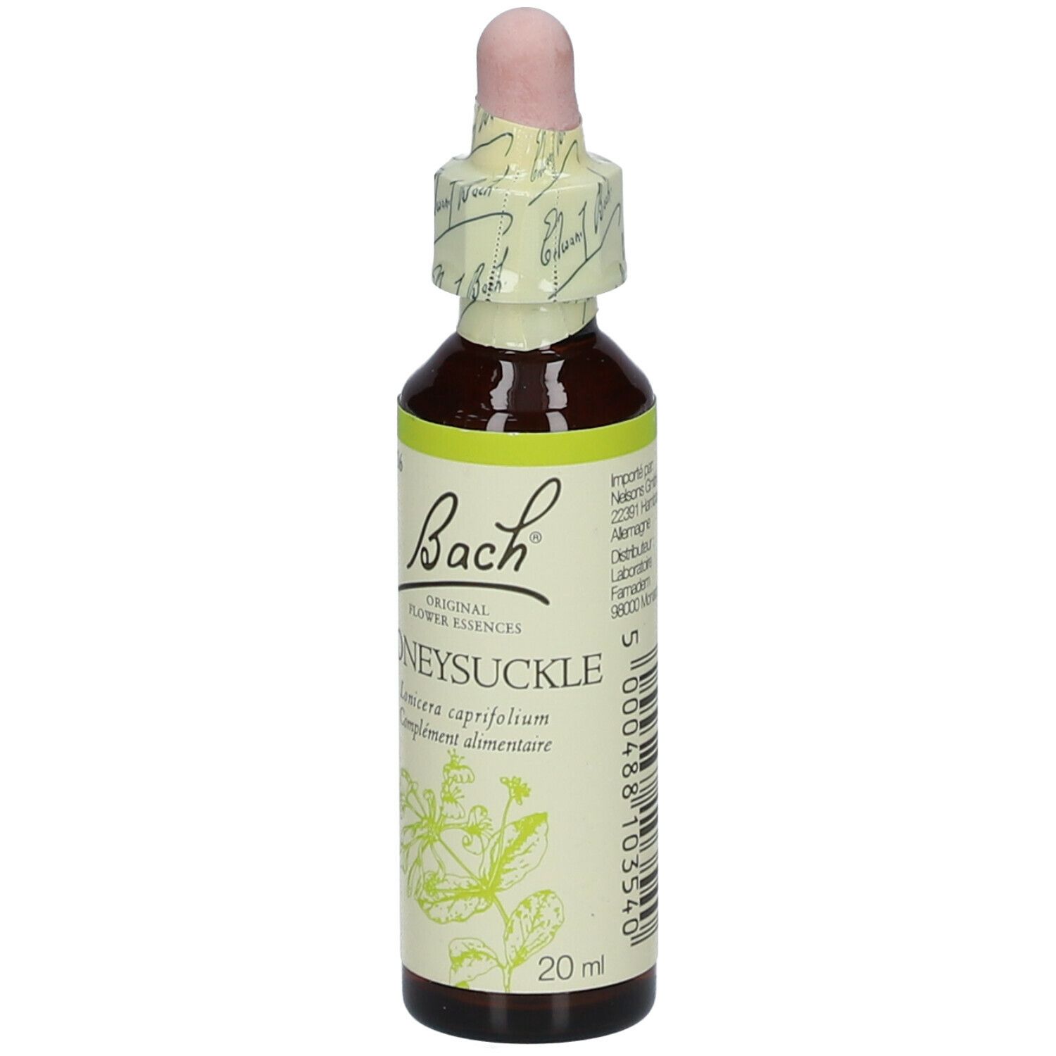 Braune Glasflasche mit Tropfer. Etikett mit Text und Logo. Produktname: Honeysuckle. 20 ml.