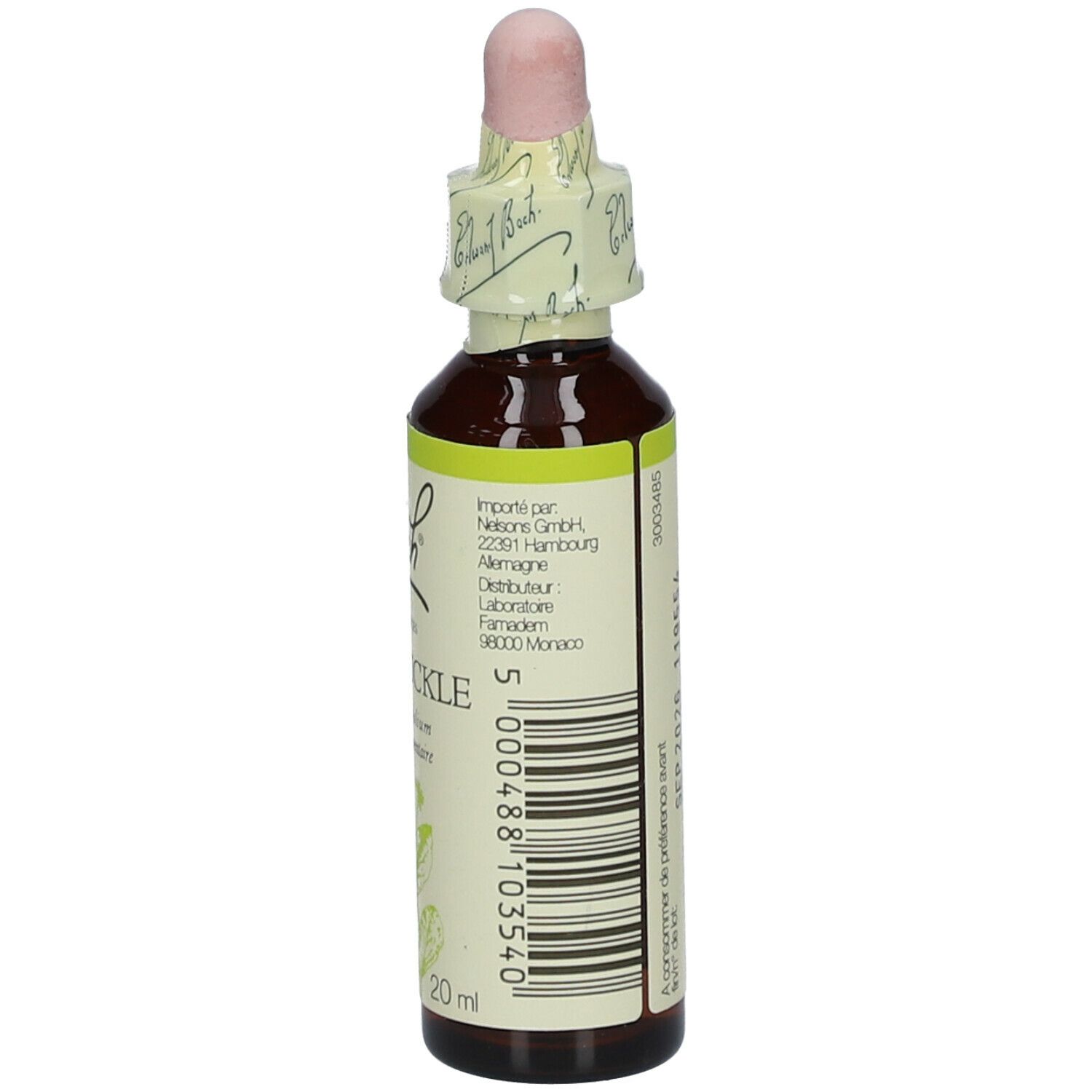 Braune Glasflasche mit Tropfer. Etikett mit Text und Logo. Produktname: Honeysuckle. 20 ml.