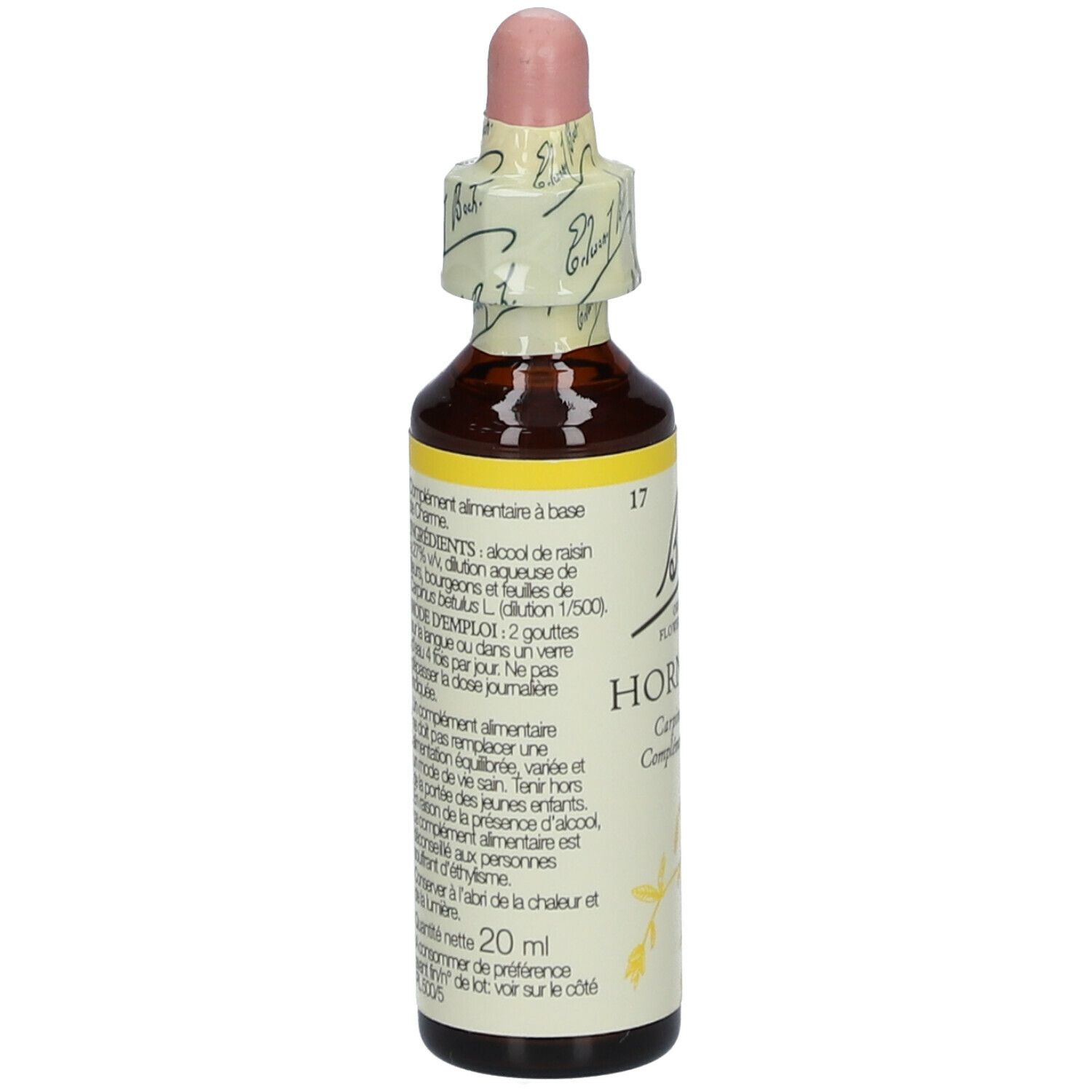 Braune Glasflasche mit Tropfer. Etikett mit Inhaltsstoffen und Anwendung.
