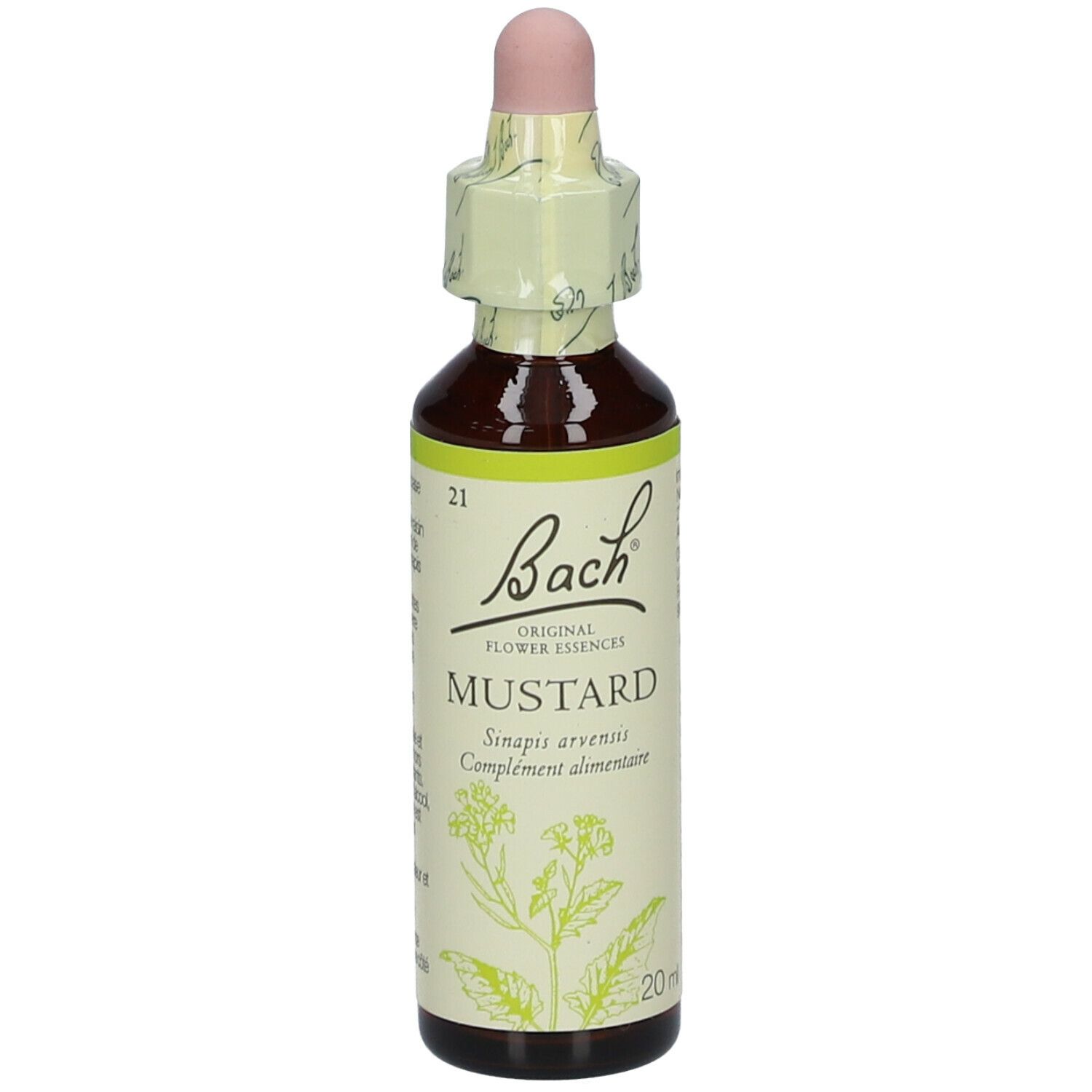 Flacon en verre brun avec compte-gouttes. Étiquette "Bach" et "Mustard".