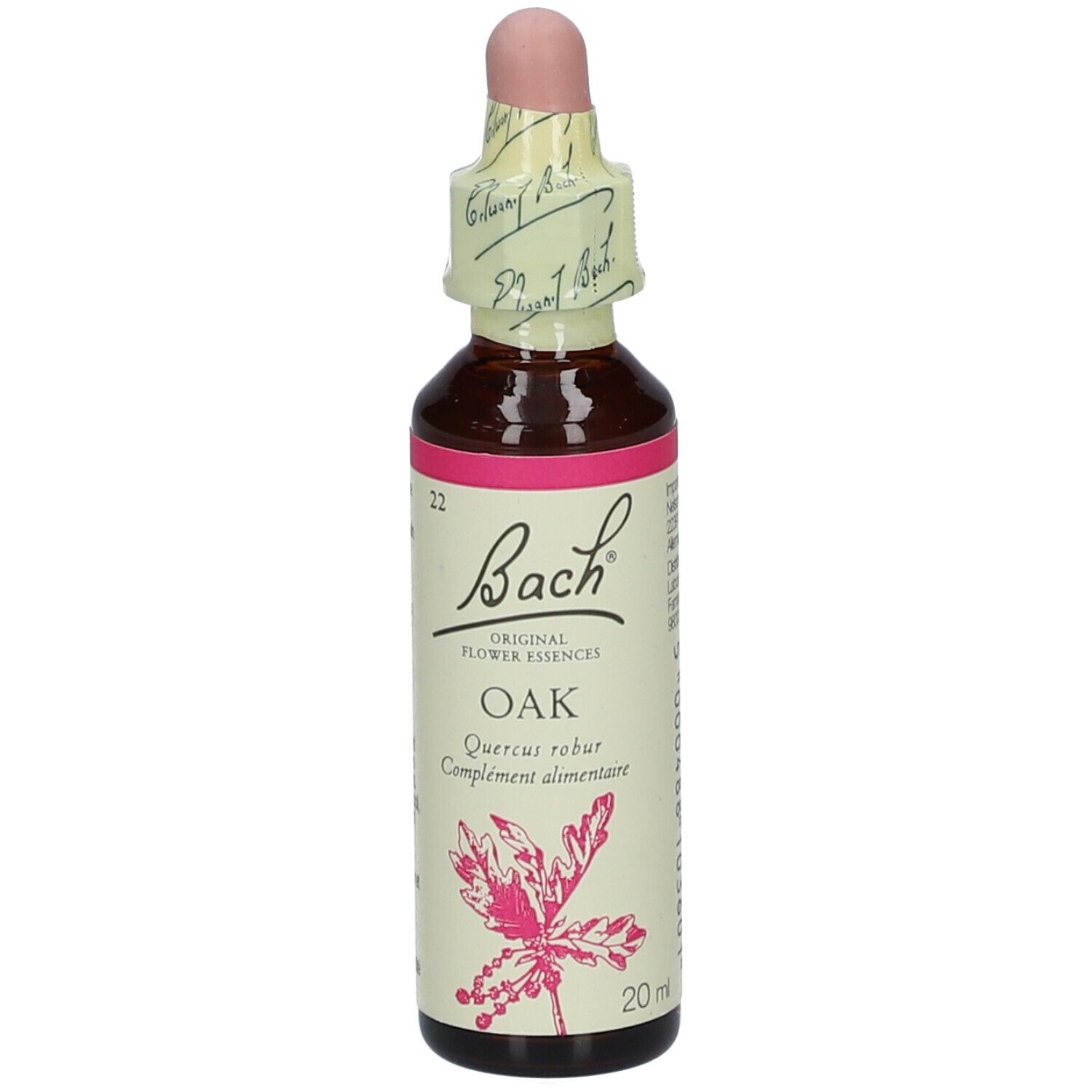 Flacon en verre brun avec bouchon rose et étiquette. Contient Bach Original Oak Nr. 22.