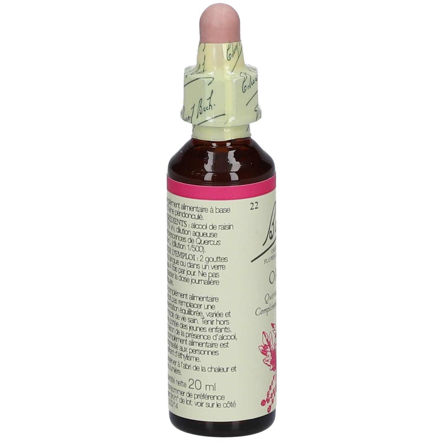 Flacon en verre brun avec bouchon rose et étiquette. Dos. Texte en français.