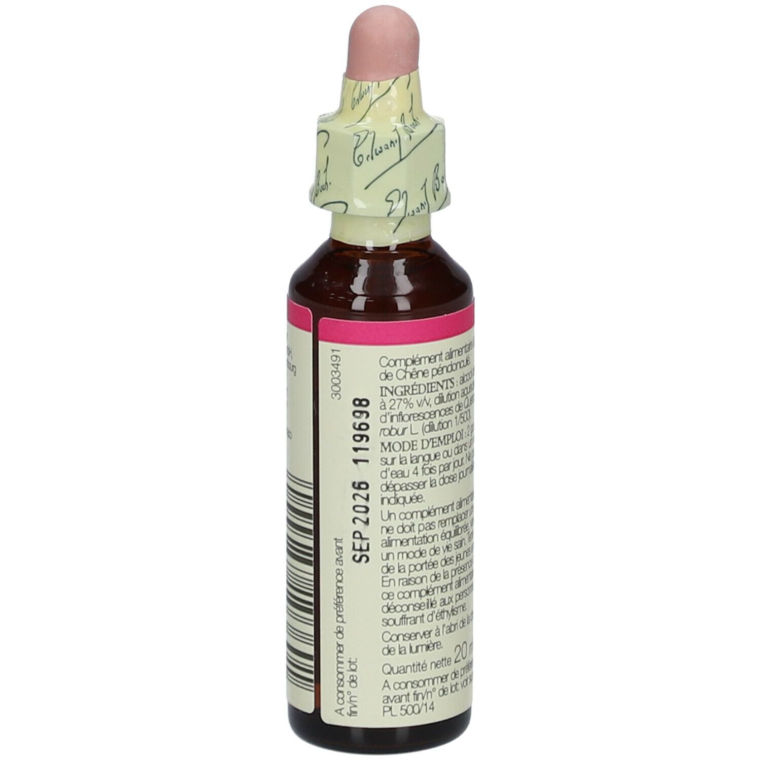 Flacon en verre brun avec bouchon rose et étiquette. Dos. Texte en français.