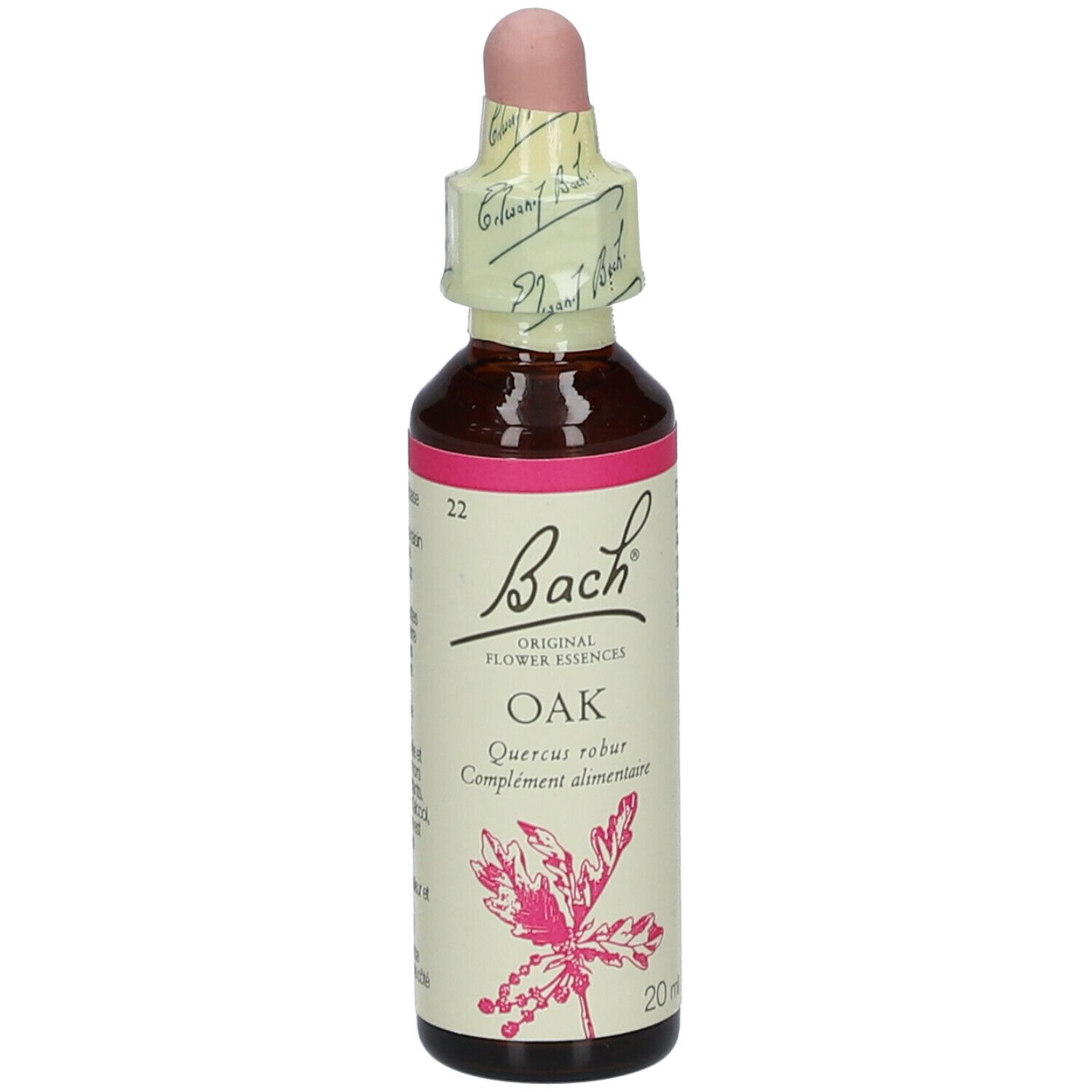 Flacon en verre brun avec bouchon rose et étiquette. Contient Bach Original Oak Nr. 22.