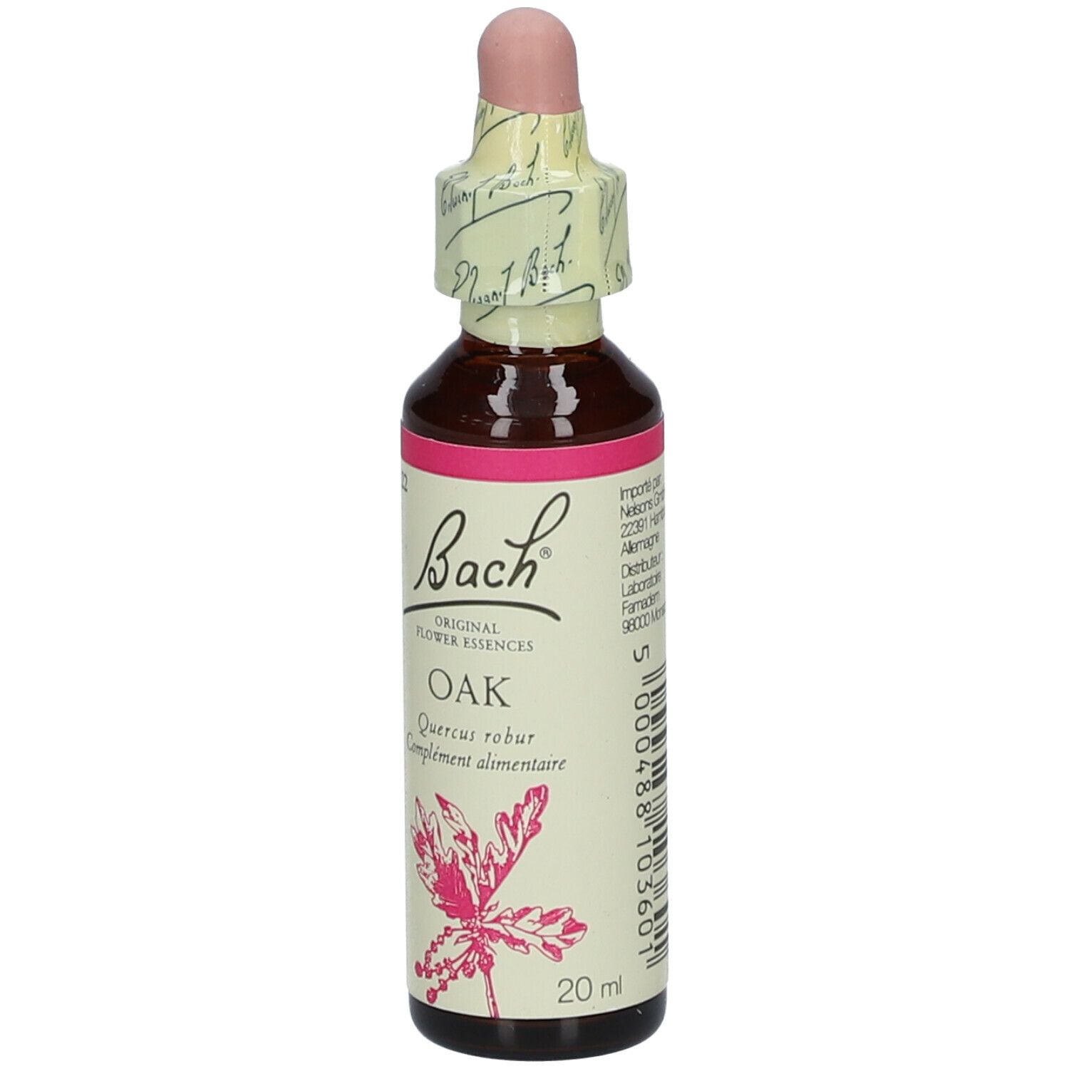 Flacon en verre brun avec bouchon rose et étiquette. Contient Bach Original Oak Nr. 22.