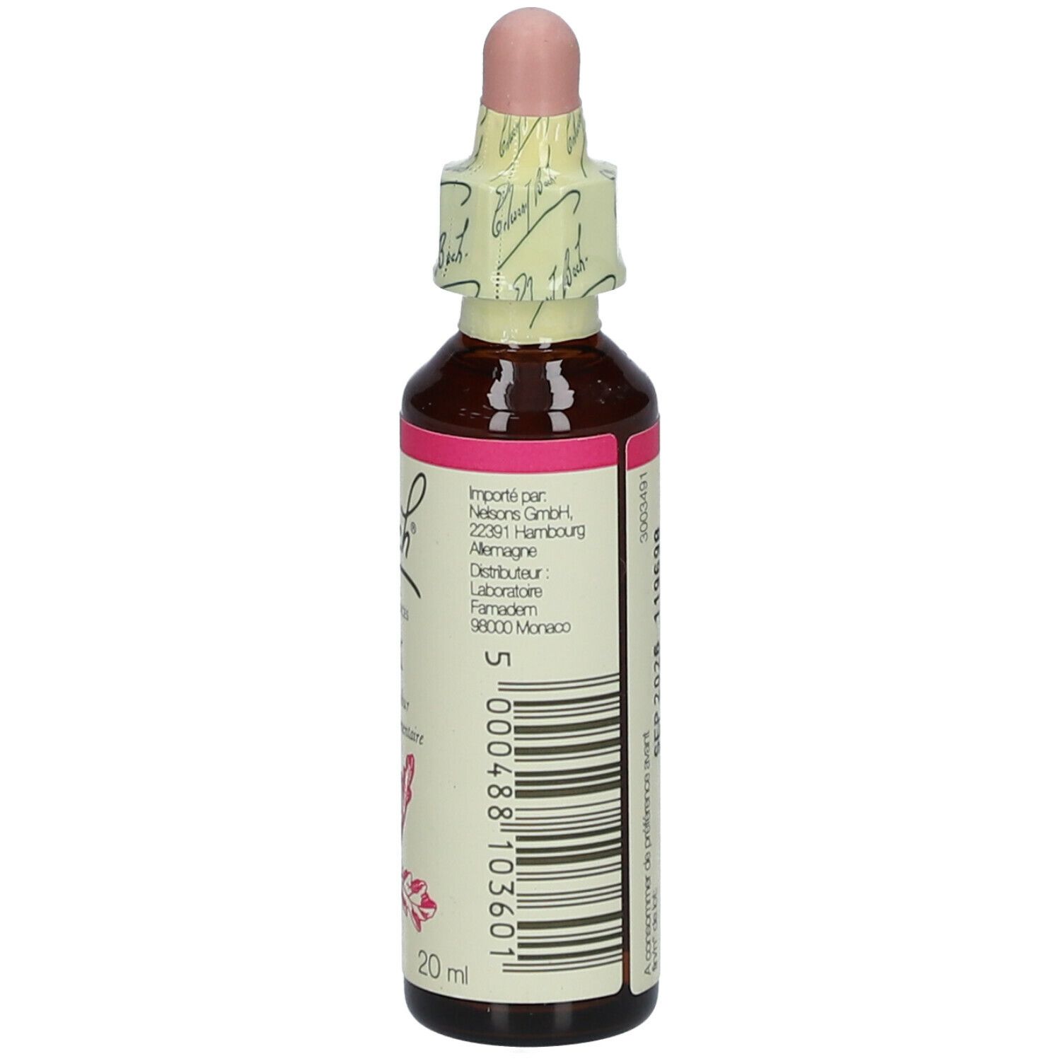 Flacon en verre brun avec bouchon rose et étiquette. Contient Bach Original Oak Nr. 22.