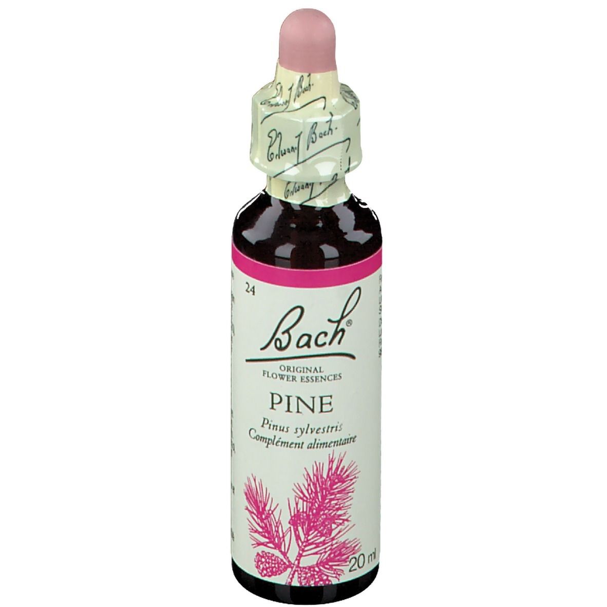 Braune Glasflasche mit Tropfer. Etikett mit Text und Abbildung. Rosa und schwarze Elemente.