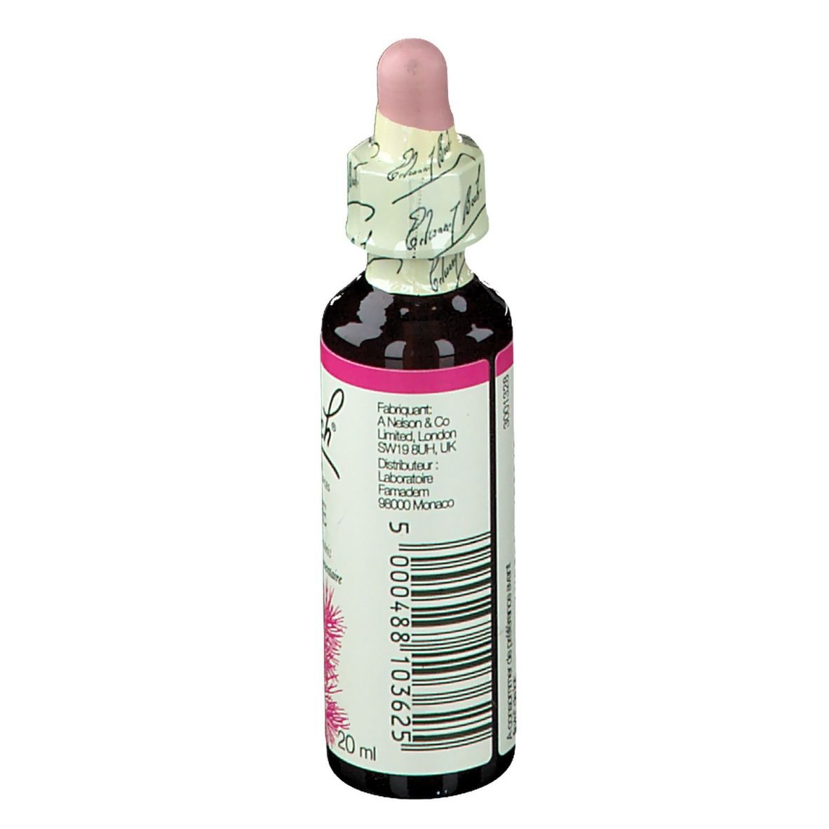 Rückansicht der Flasche. Etikett mit Text und Barcode. Rosa und schwarze Elemente.