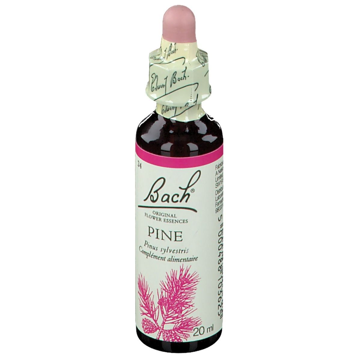 Braune Glasflasche mit Tropfer. Etikett mit Text und Abbildung. Rosa und schwarze Elemente.