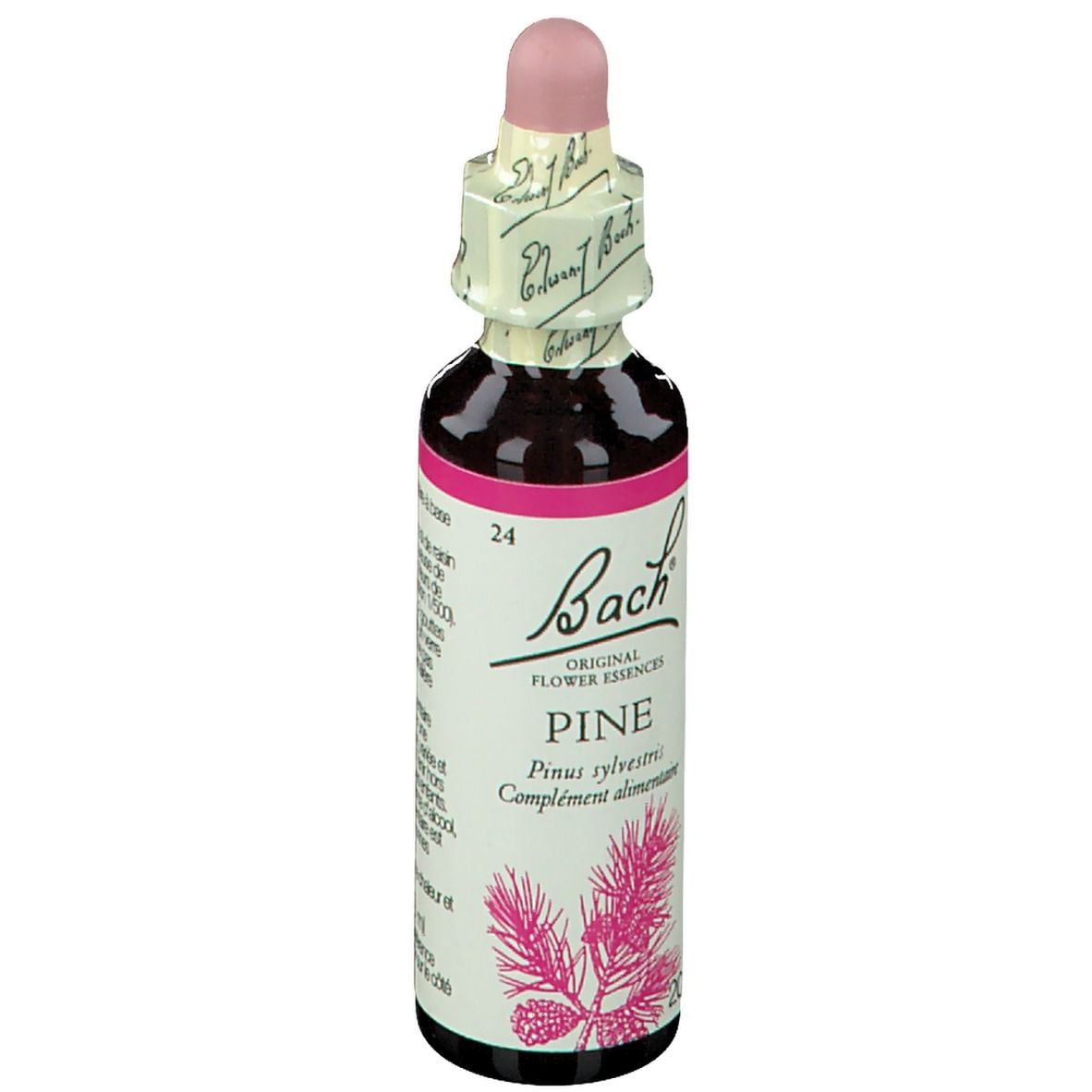 Braune Glasflasche mit Tropfer. Etikett mit Text und Abbildung. Rosa und schwarze Elemente.