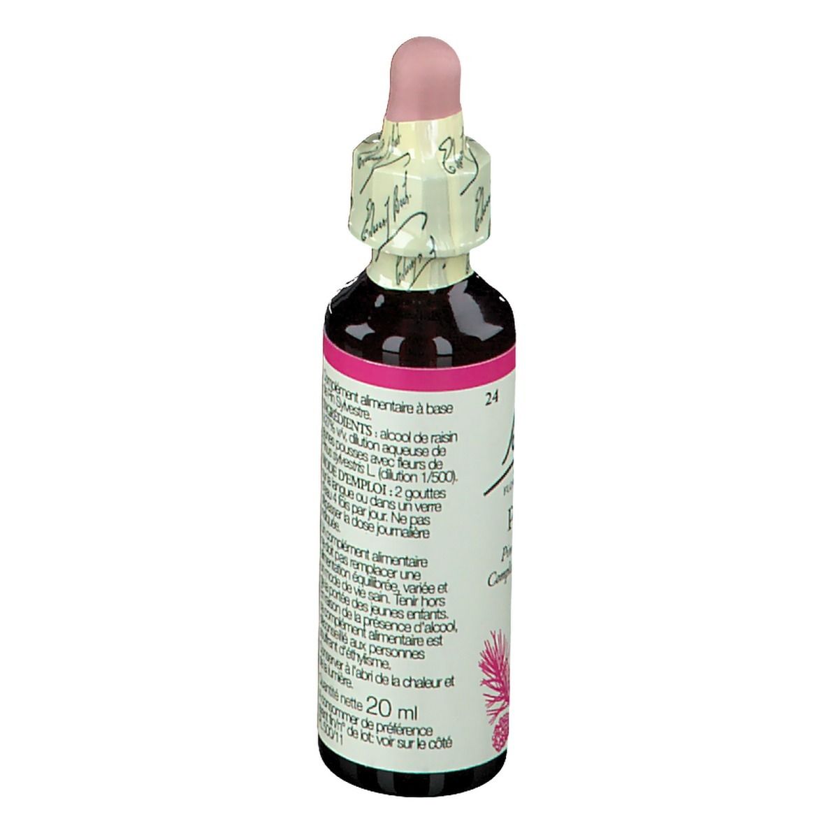 Rückansicht der Flasche. Etikett mit Text. Rosa und schwarze Elemente.