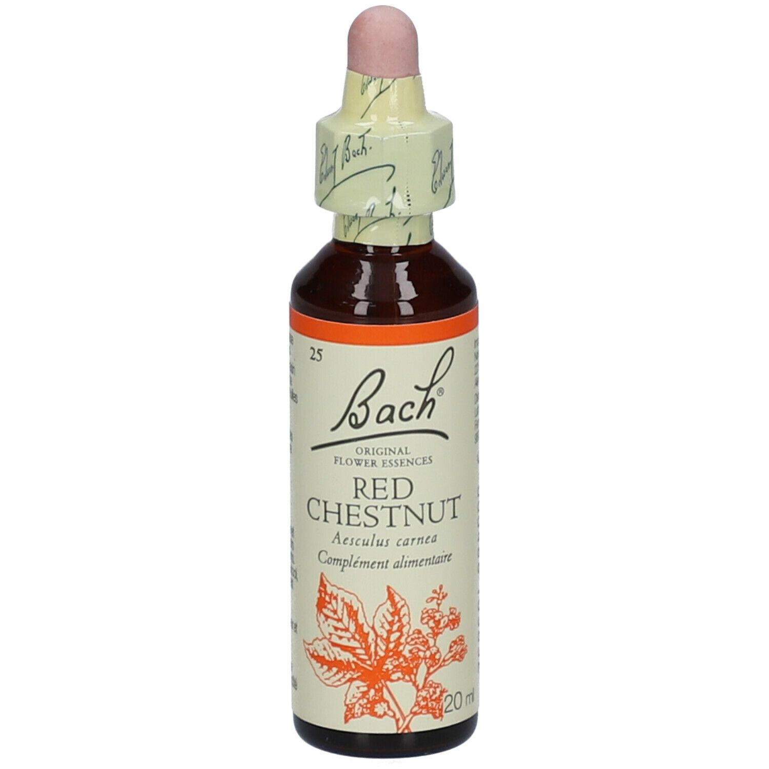 Braune Glasflasche mit Tropfer. Etikett mit "Bach", "Red Chestnut" und Blättern. 20ml.