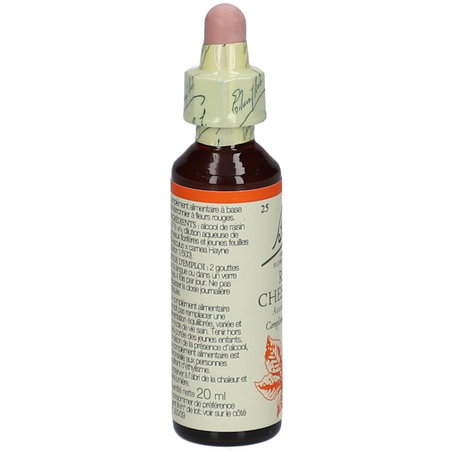 Braune Glasflasche mit Tropfer. Rückseite mit Text. Etikett mit Inhaltsstoffen und Anwendung.