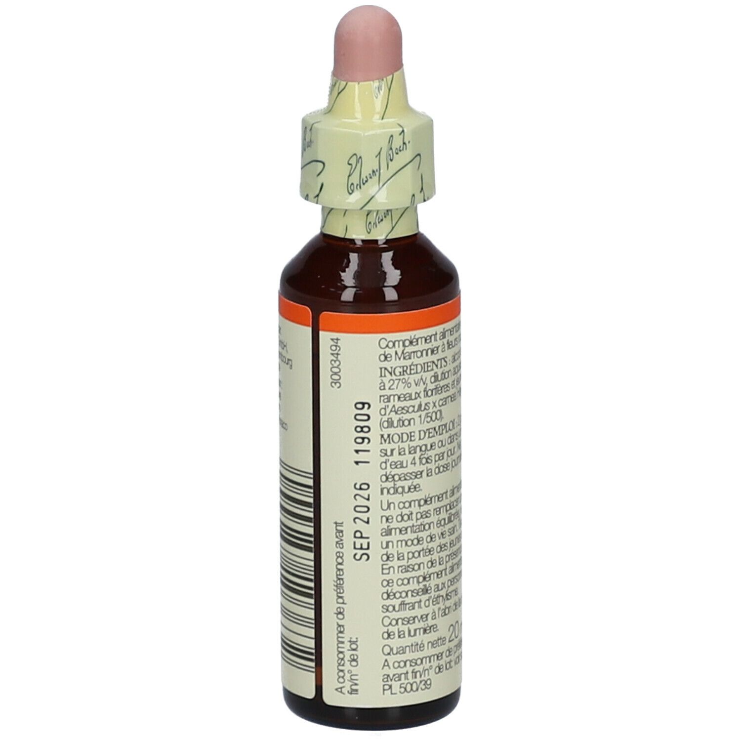 Braune Glasflasche mit Tropfer. Rückseite mit Text. Etikett mit Inhaltsstoffen und Anwendung.