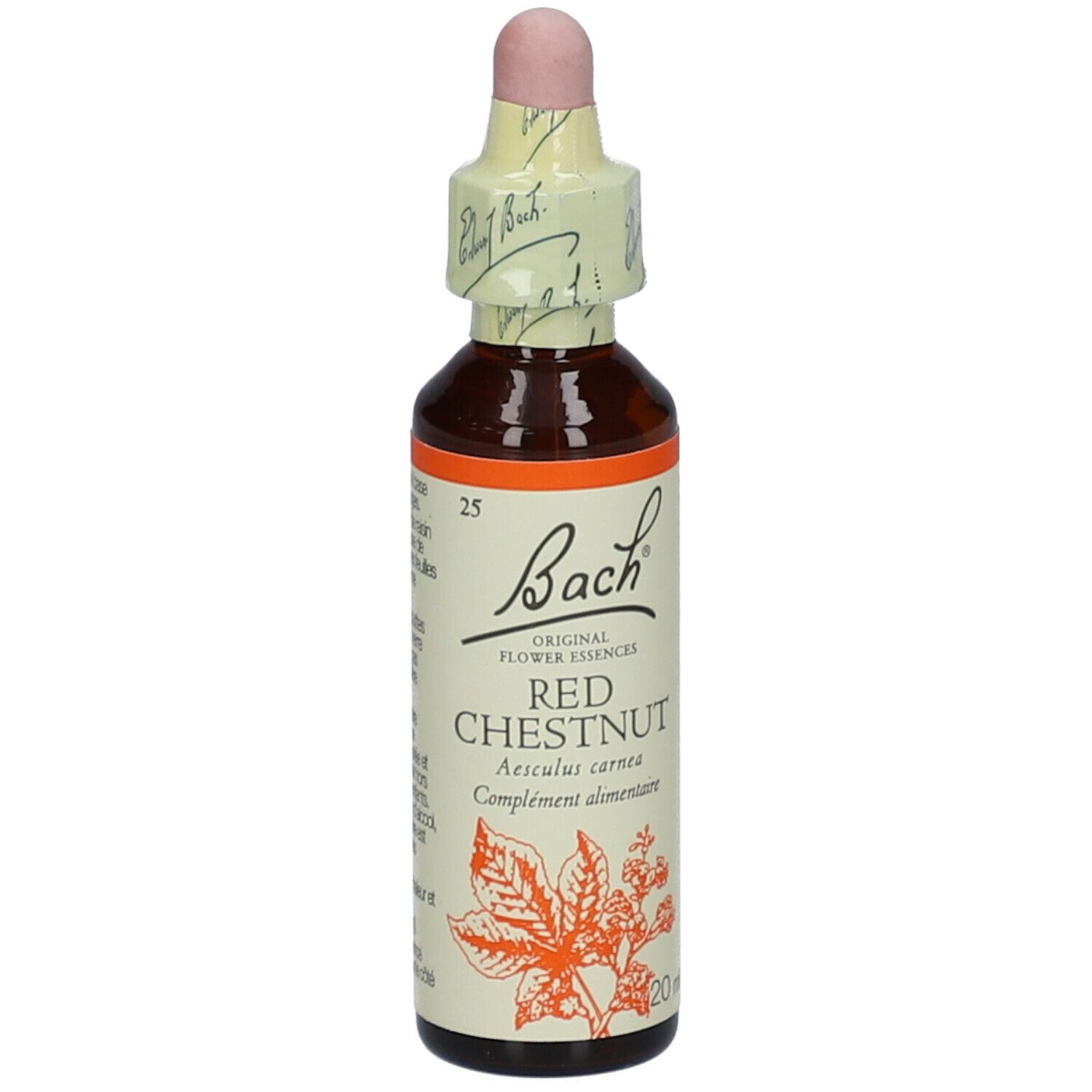 Braune Glasflasche mit Tropfer. Etikett mit "Bach", "Red Chestnut" und Blättern. 20ml.