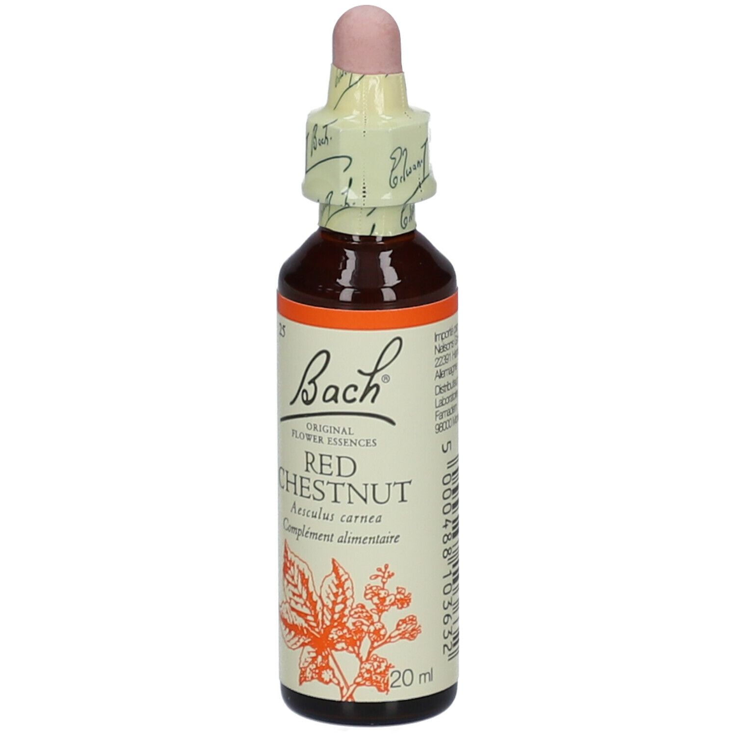Braune Glasflasche mit Tropfer. Etikett mit "Bach", "Red Chestnut" und Blättern. 20ml.