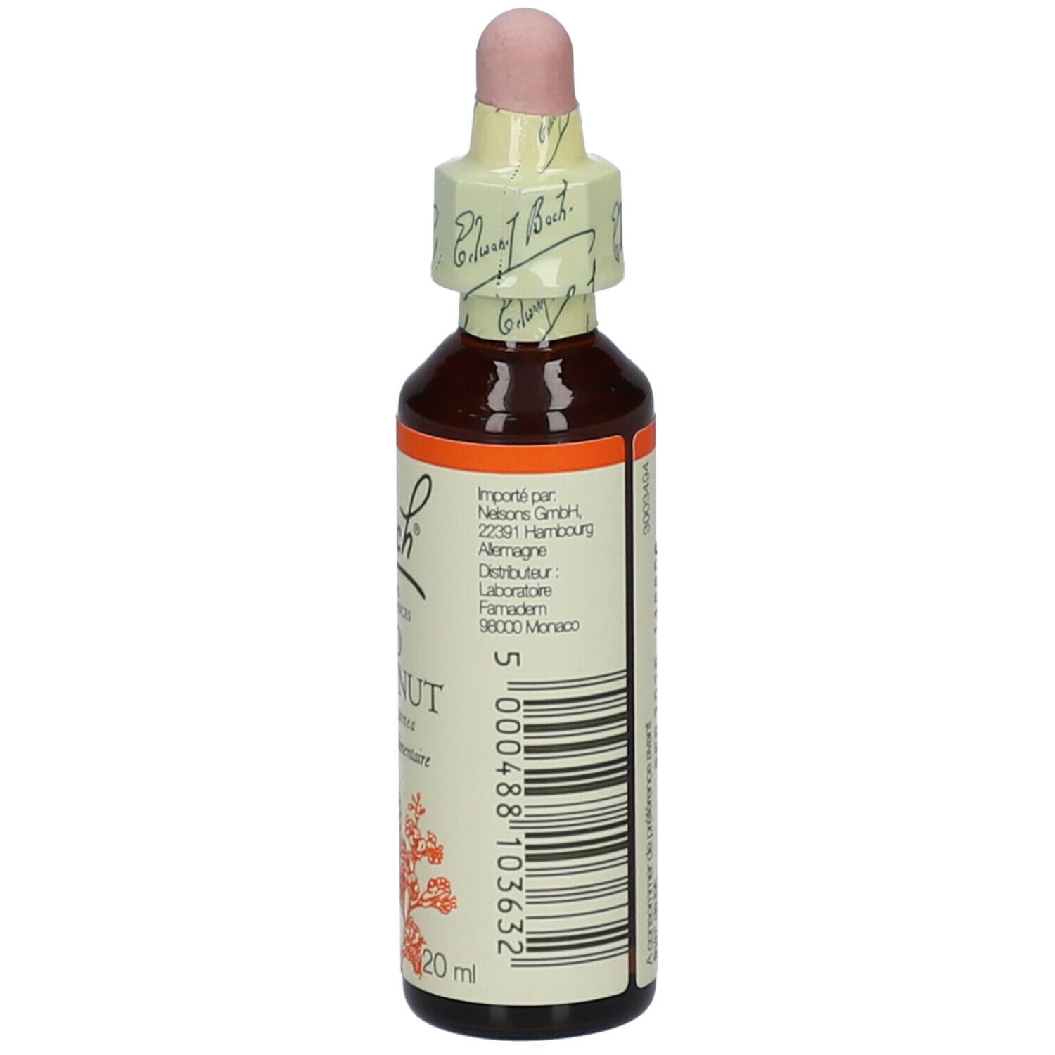 Braune Glasflasche mit Tropfer. Rückseite mit Text. Etikett mit Inhaltsstoffen und Anwendung.