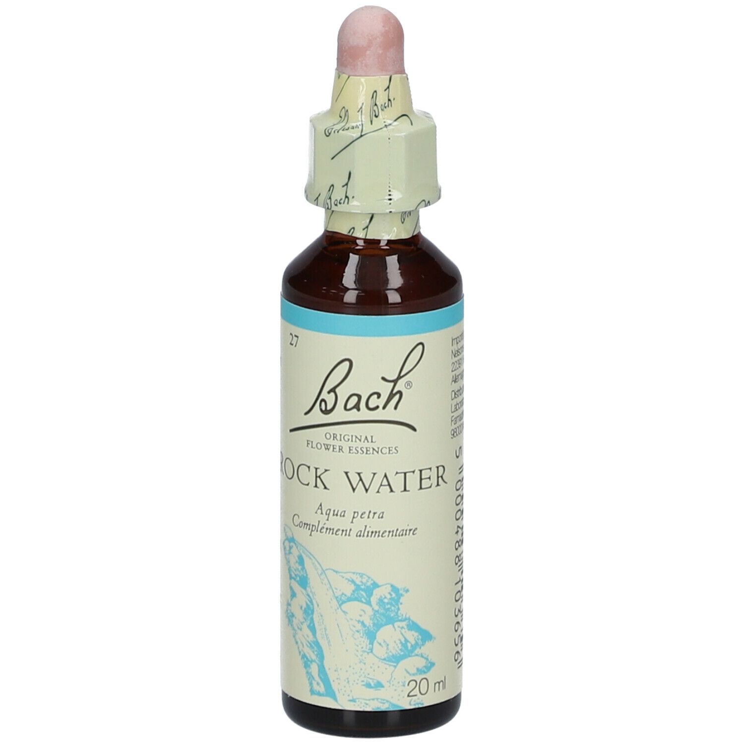 Braune Glasflasche mit Tropfer. Beschriftung: Bach Original Flower Essences Rock Water.