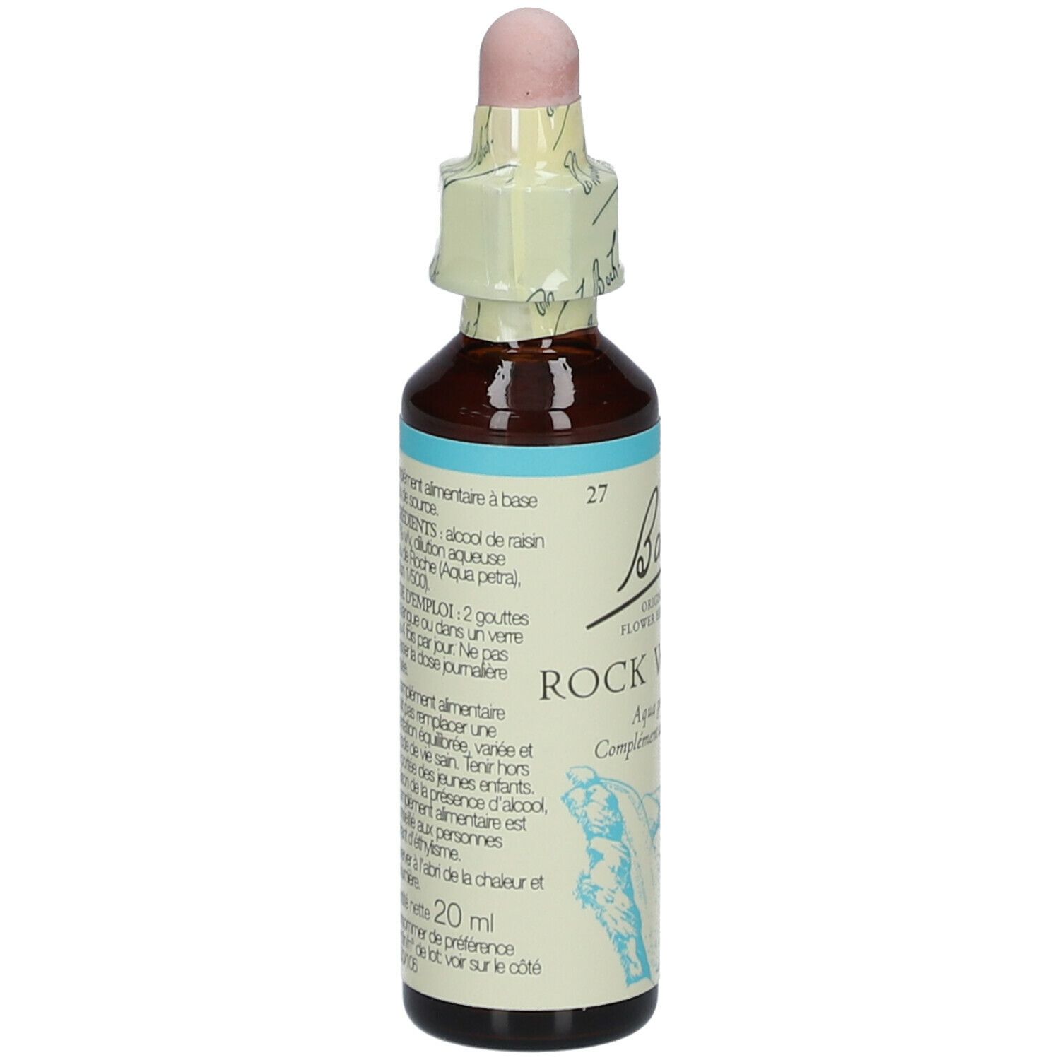 Braune Glasflasche mit Tropfer. Beschriftung: Bach Original Flower Essences Rock Water.