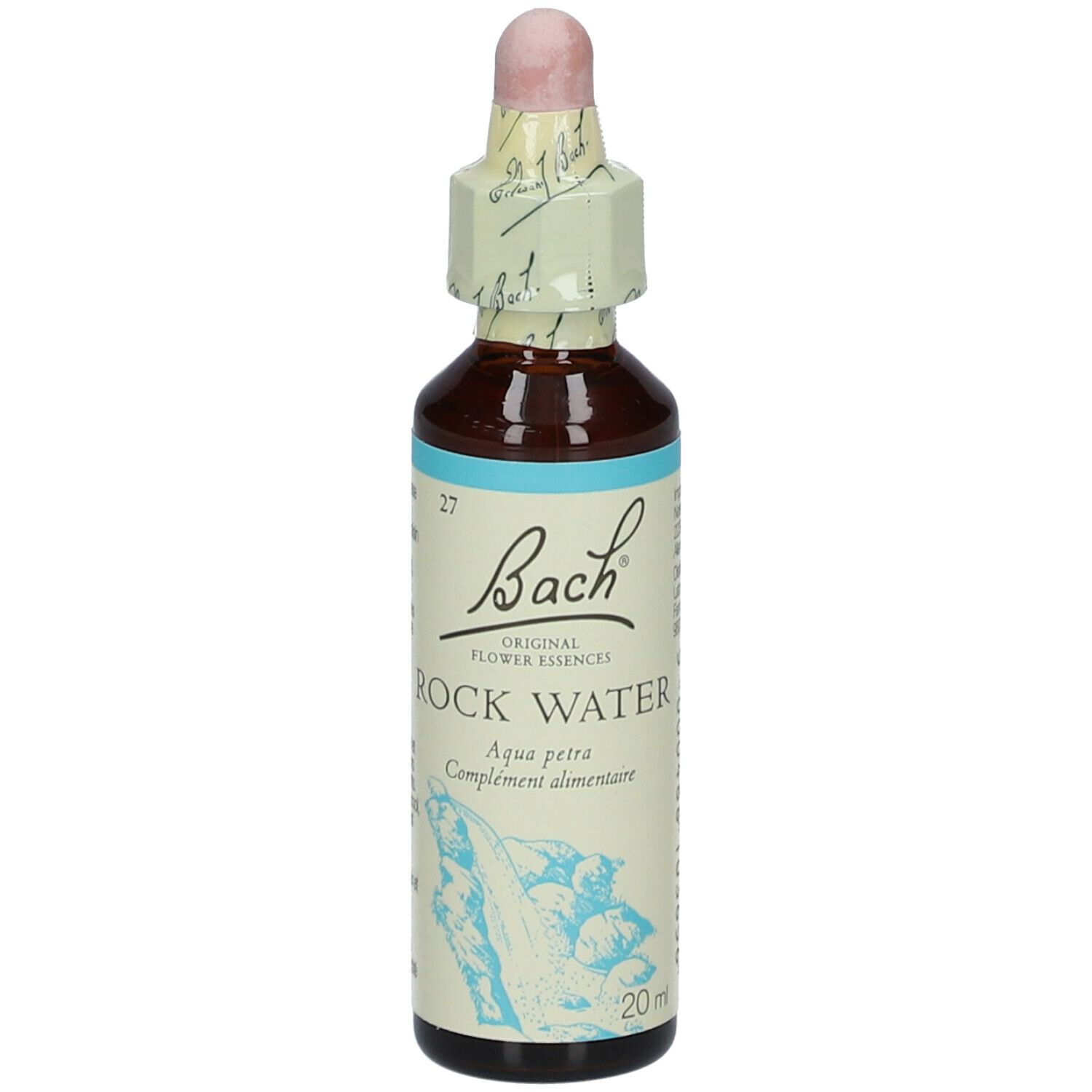 Braune Glasflasche mit Tropfer. Beschriftung: Bach Original Flower Essences Rock Water.