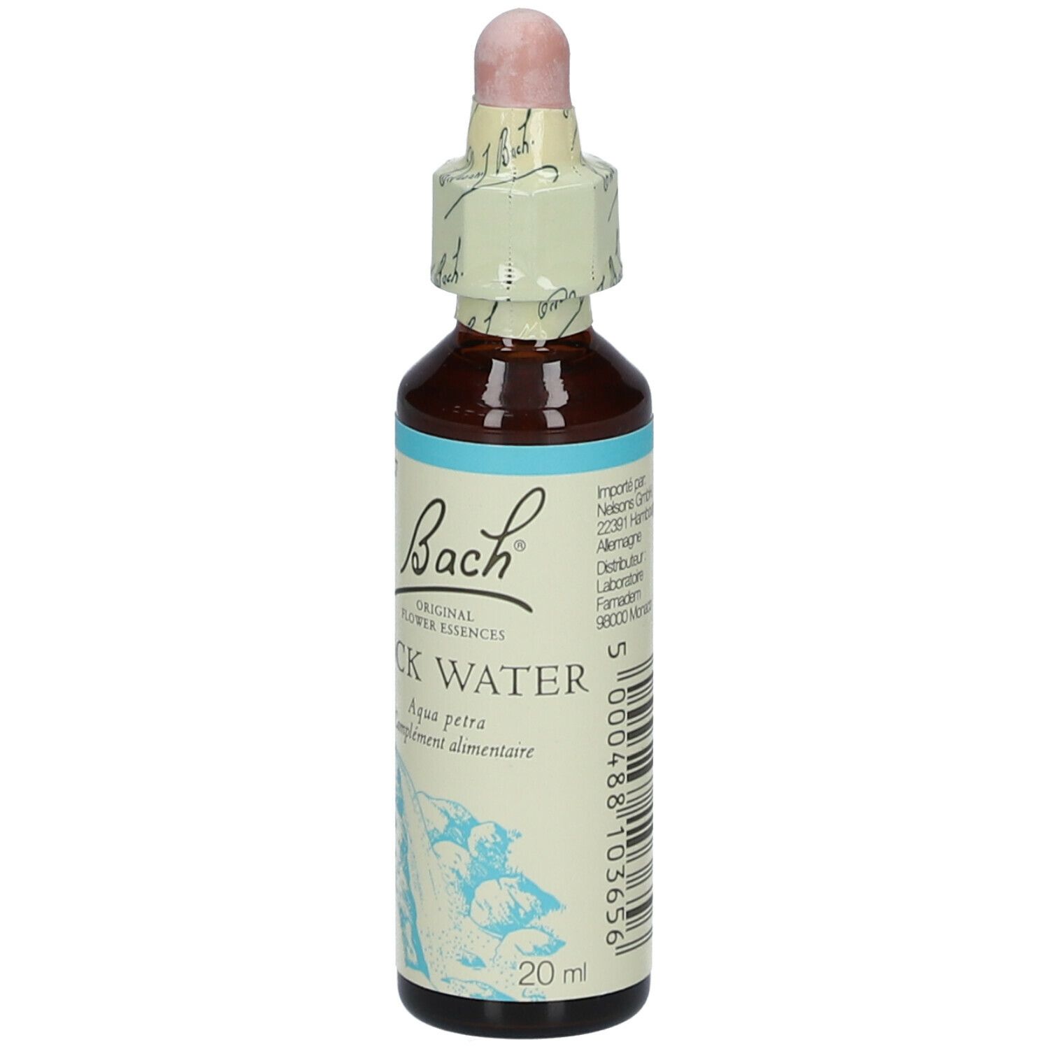 Braune Glasflasche mit Tropfer. Beschriftung: Bach Original Flower Essences Rock Water.
