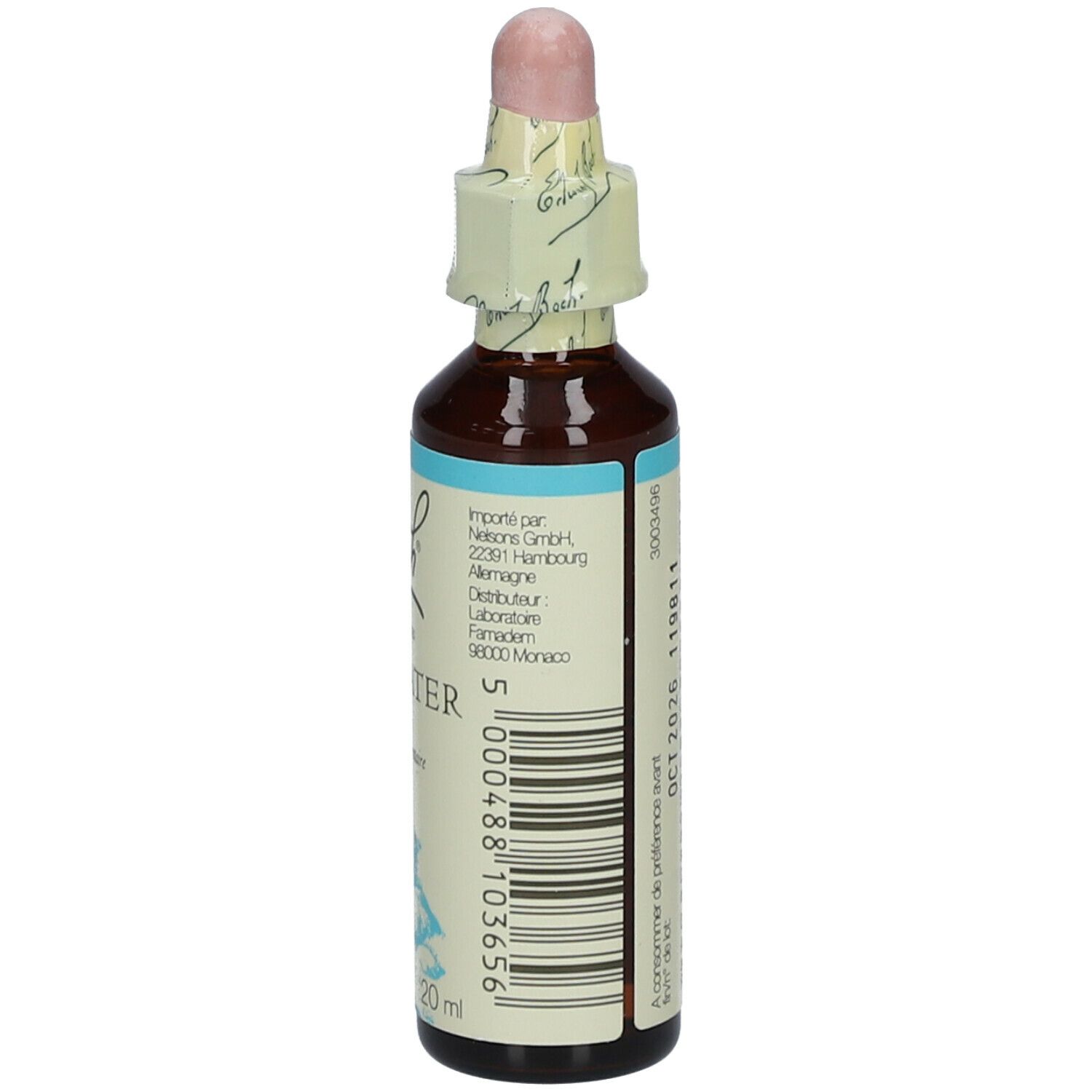 Braune Glasflasche mit Tropfer. Beschriftung: Bach Original Flower Essences Rock Water.
