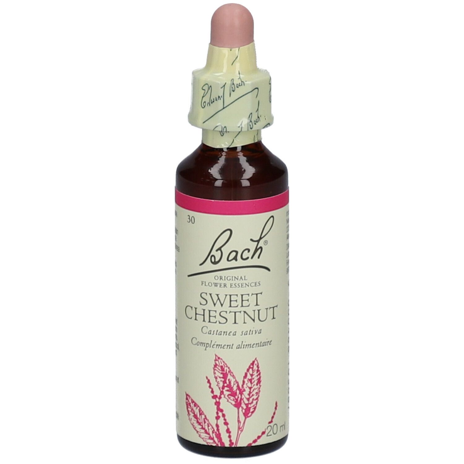 Flacon en verre brun avec étiquette rose. Bouchon compte-gouttes. Inscription : Bach Sweet Chestnut.