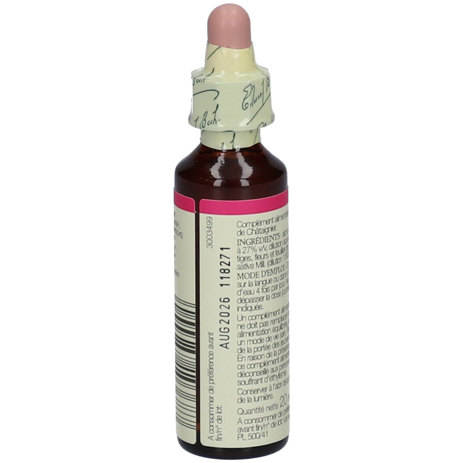Flacon en verre brun avec étiquette rose. Dos avec date de péremption et numéro de lot.