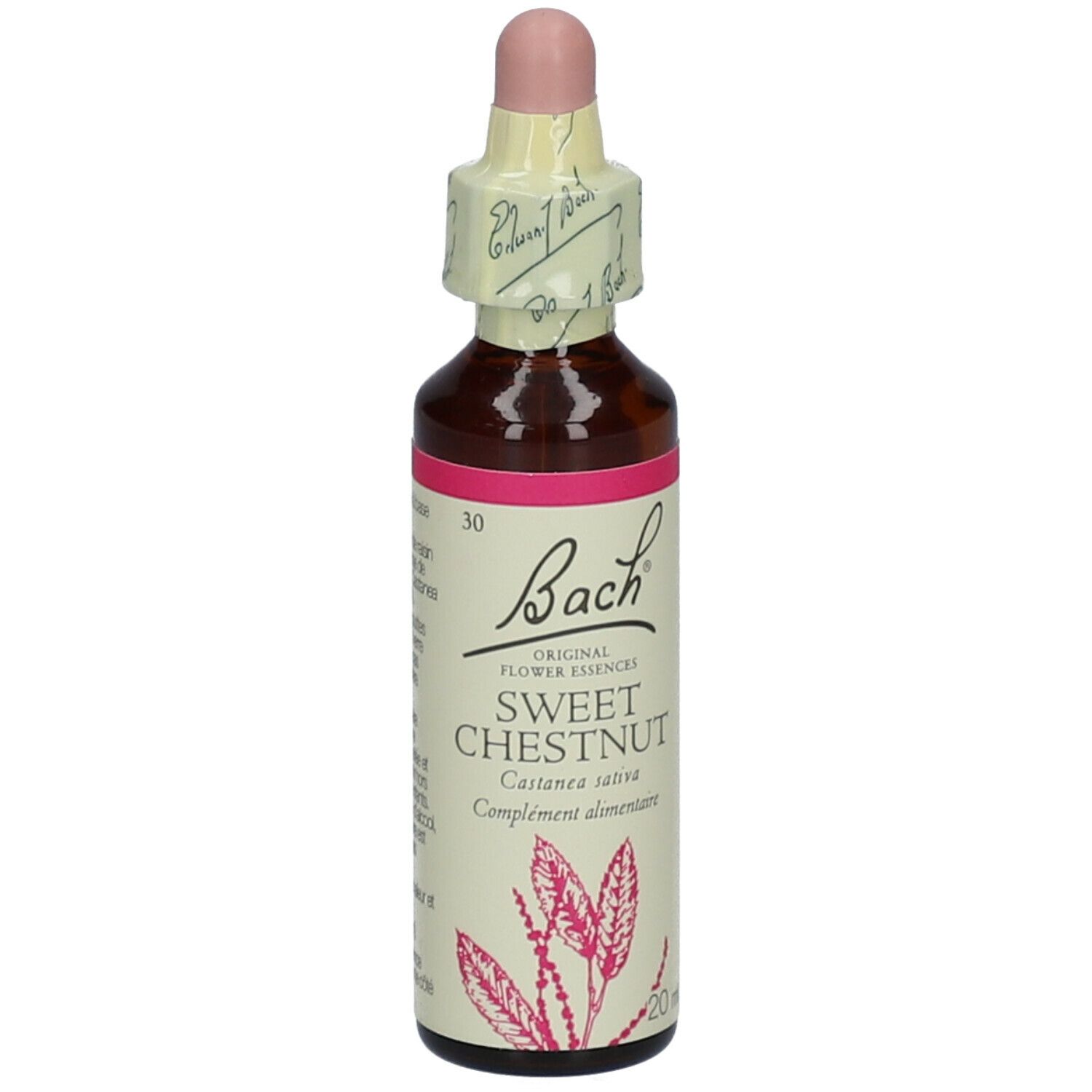 Flacon en verre brun avec étiquette rose. Bouchon compte-gouttes. Inscription : Bach Sweet Chestnut.