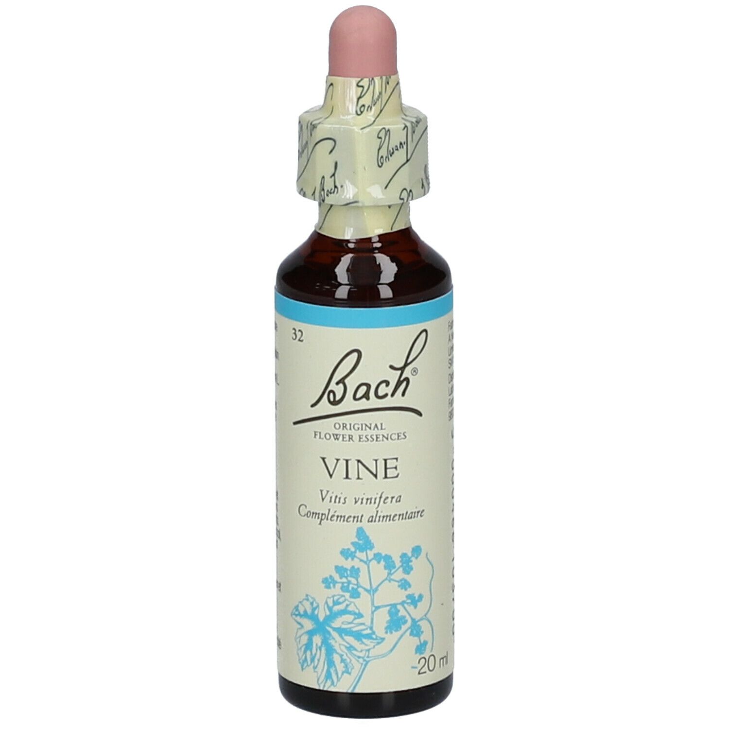 Braune Glasflasche mit Tropfer. Etikett mit Text und Logo. Produktname: Vine.