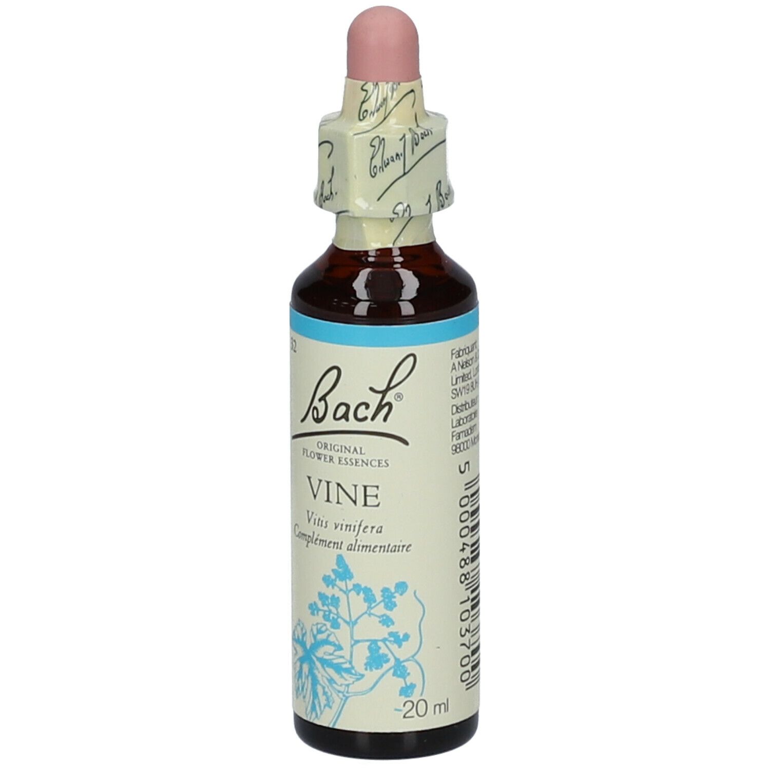 Braune Glasflasche mit Tropfer. Etikett mit Text und Logo. Produktname: Vine.
