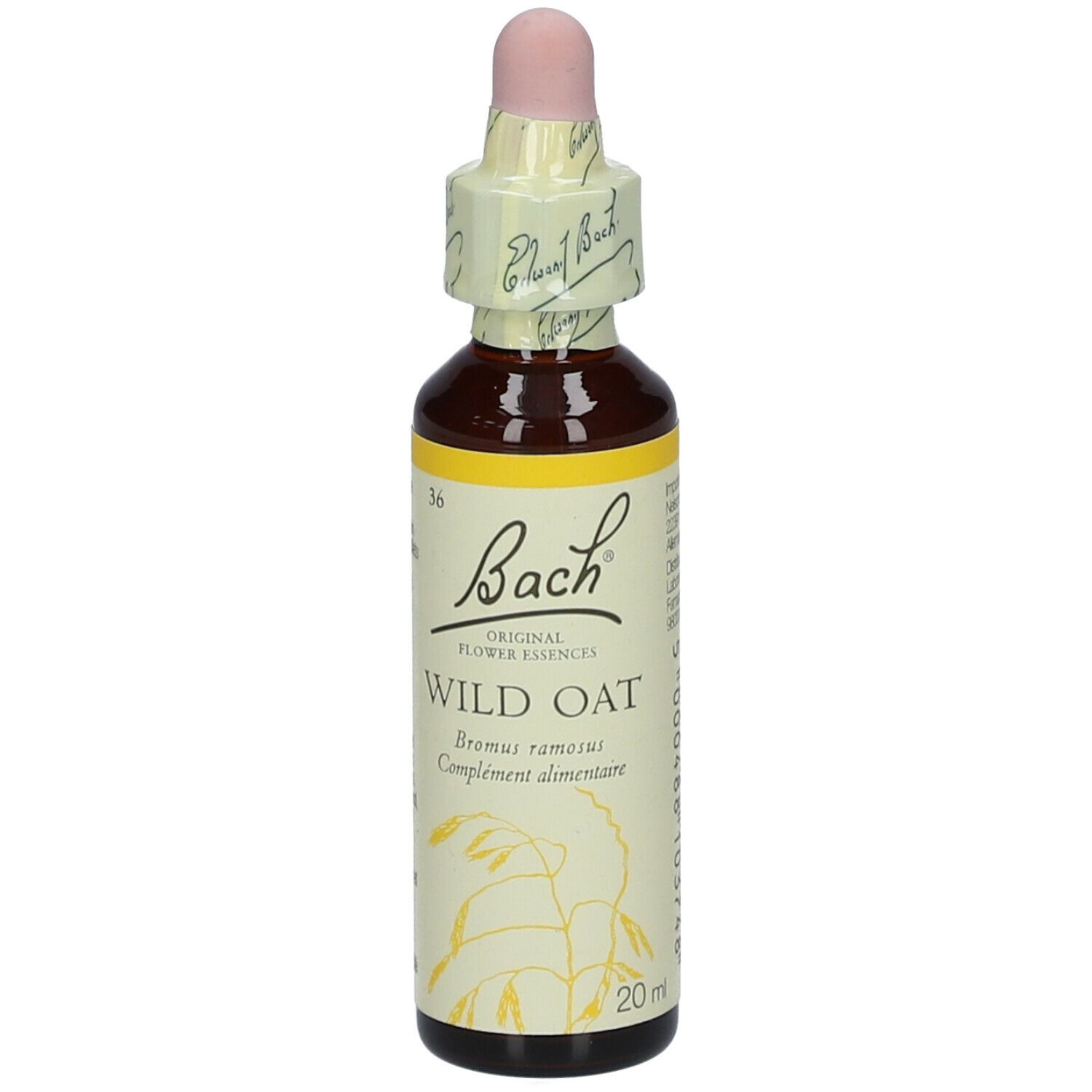 Flacon en verre brun avec compte-gouttes. Étiquette avec texte et logo. Nom du produit: Wild Oat. 20ml.