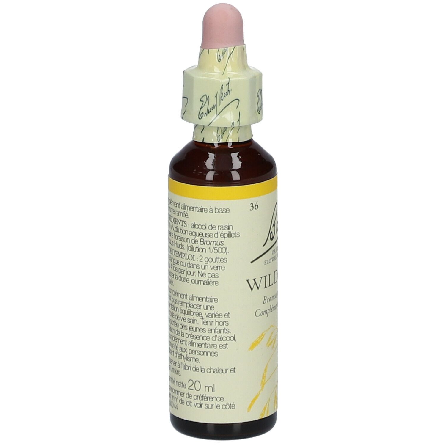 Flacon en verre brun avec compte-gouttes. Étiquette avec texte. Nom du produit: Wild Oat. 20ml. Verso avec texte.