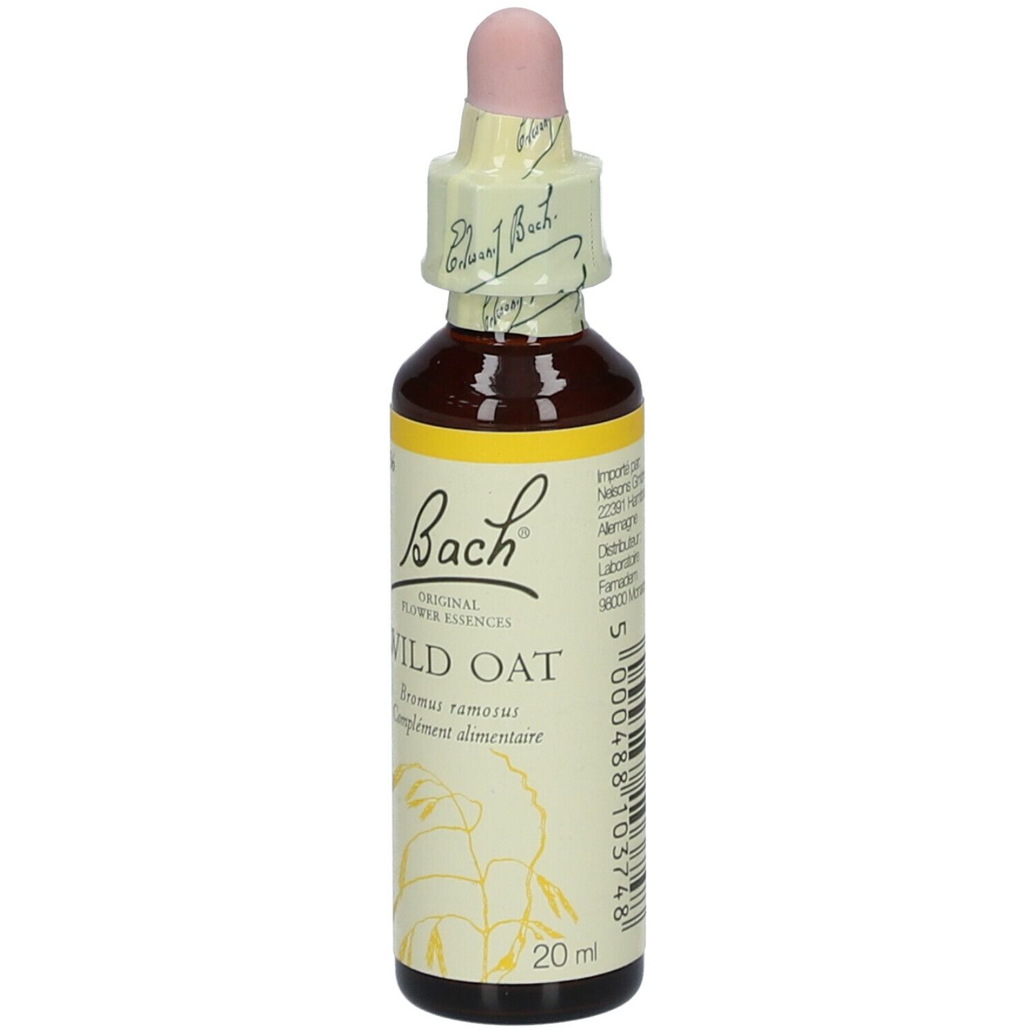 Flacon en verre brun avec compte-gouttes. Étiquette avec texte et logo. Nom du produit: Wild Oat. 20ml.