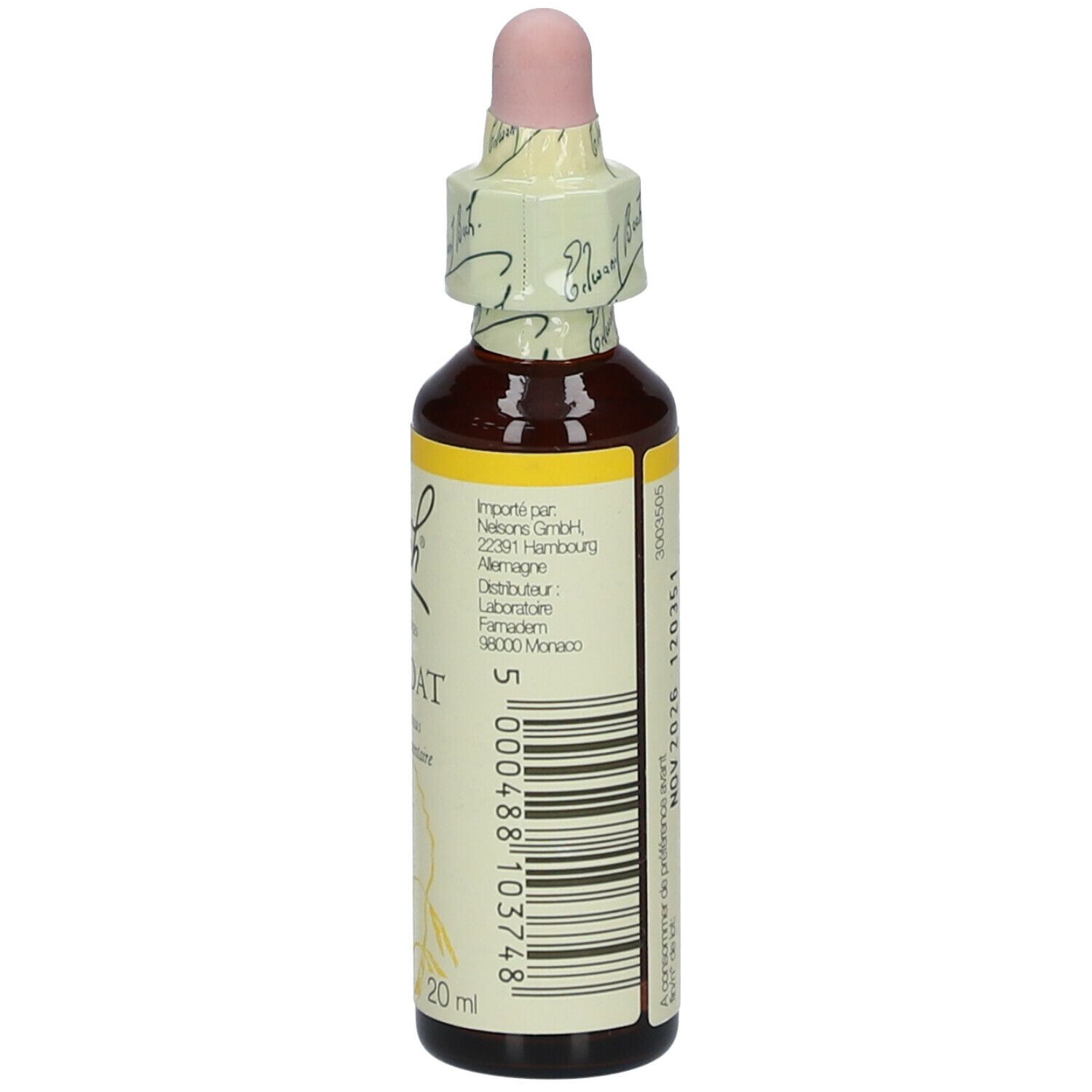 Flacon en verre brun avec compte-gouttes. Étiquette avec texte et logo. Nom du produit: Wild Oat. 20ml. Code-barres.
