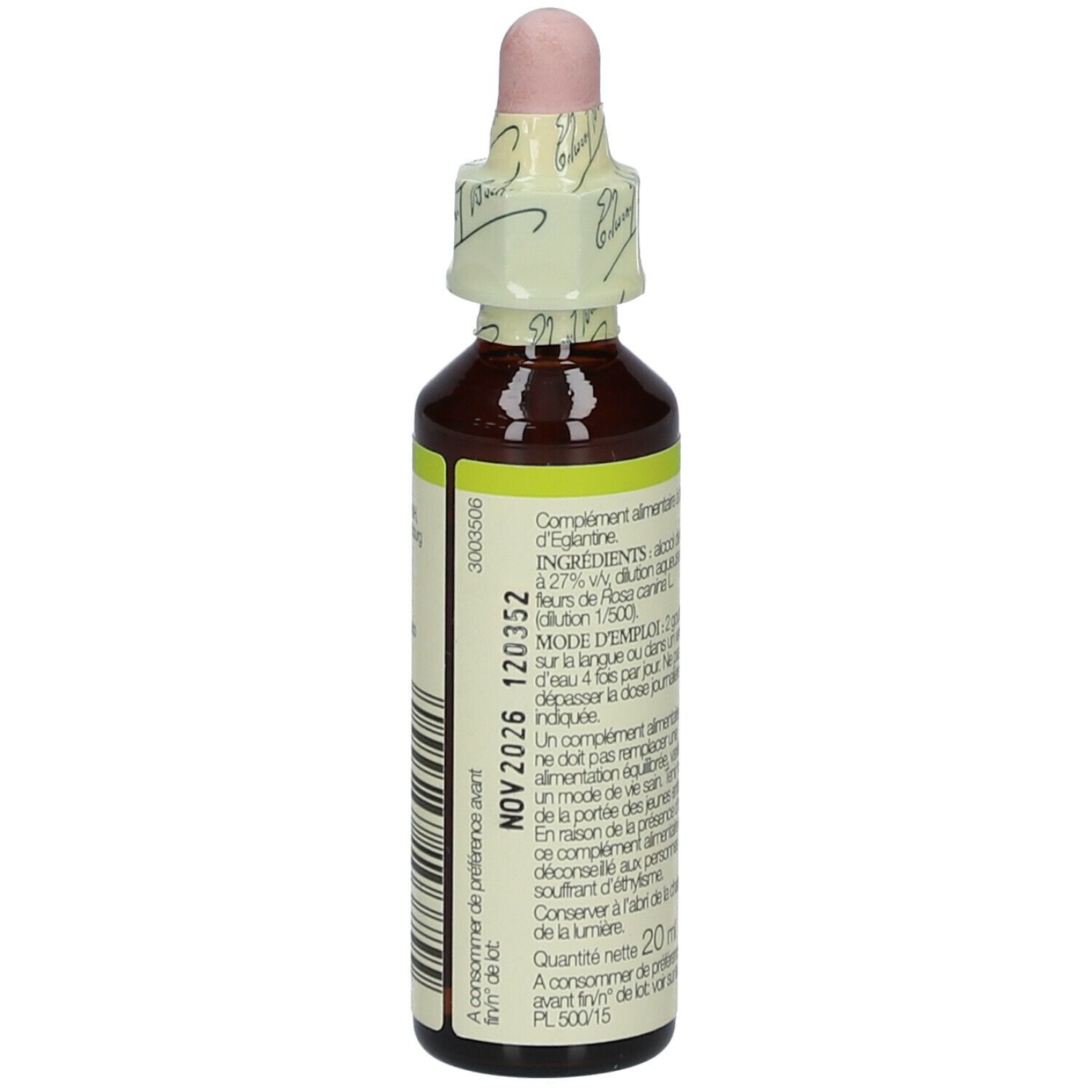 Braune Glasflasche mit Tropfer. Etikett mit Text und 20ml.