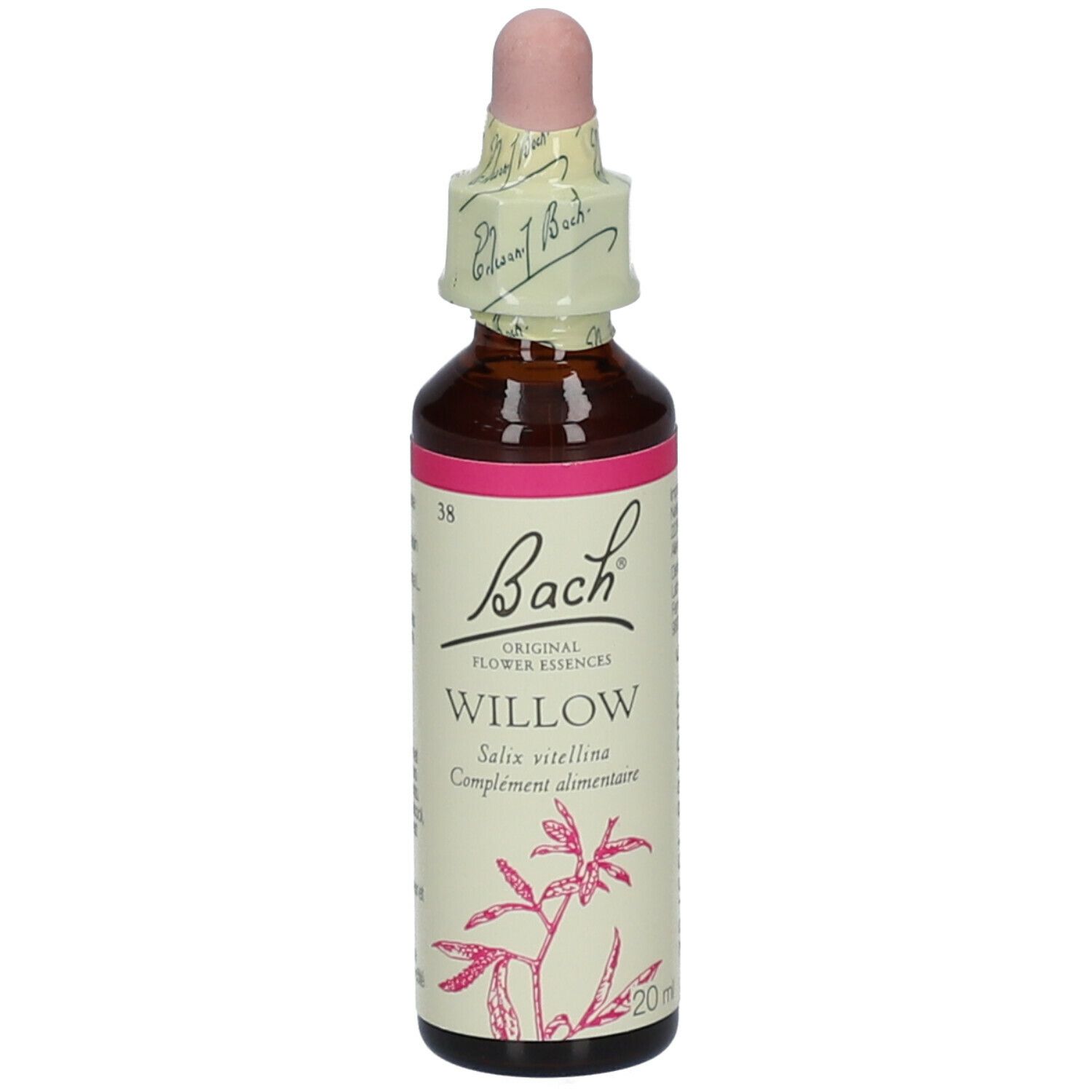 Braune Glasflasche mit rosa Etikett und Pipette. Aufschrift: Bach Original Flower Essences Willow. 20ml.