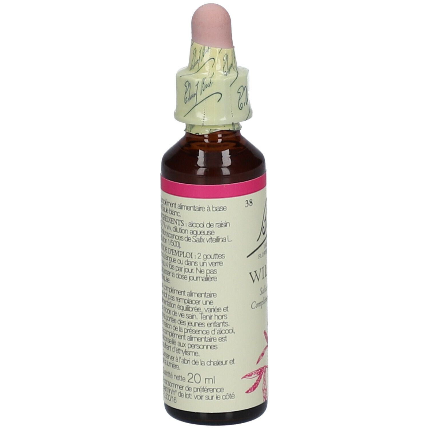 Braune Glasflasche mit rosa Etikett und Pipette. Rückseite mit Text. Bach Original Flower Essences Willow. 20ml.
