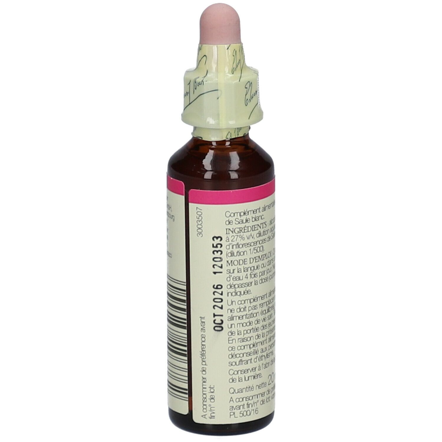 Braune Glasflasche mit rosa Etikett und Pipette. Rückseite mit Text. Bach Original Flower Essences Willow. 20ml.